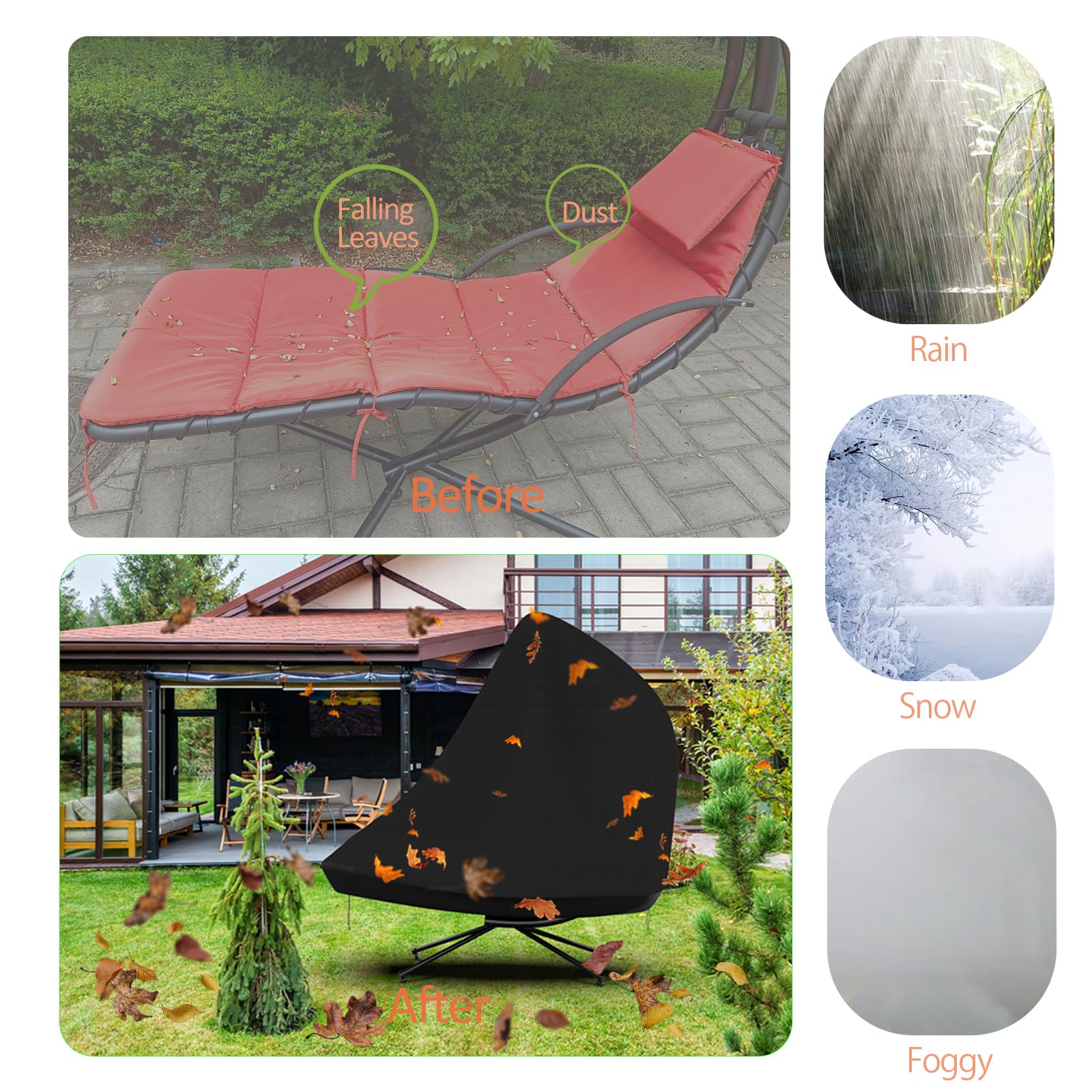 Funda de hamaca impermeable con 600D de 73 pulgadas, fundas de tumbona para exteriores, impermeables, curvadas, de acero, para tumbona, tumbona, columpio, color negro