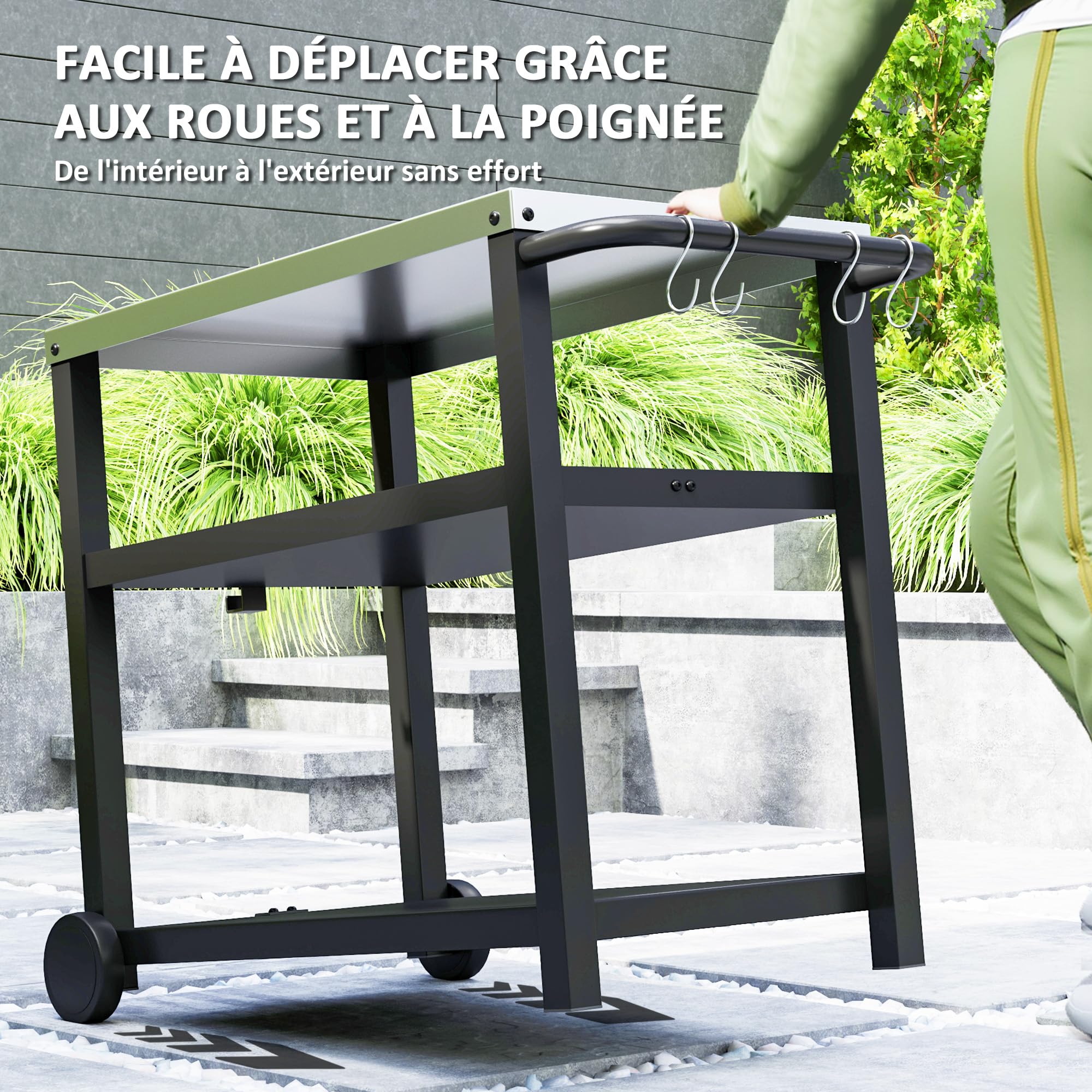 Outsunny Desserte plancha extérieure avec plan de travail en acier inoxydable, chariot de barbecue avec étagères, desserte de jardin avec crochets, porte-serviettes, 2 roues, 102x50x81cm, gris charbon