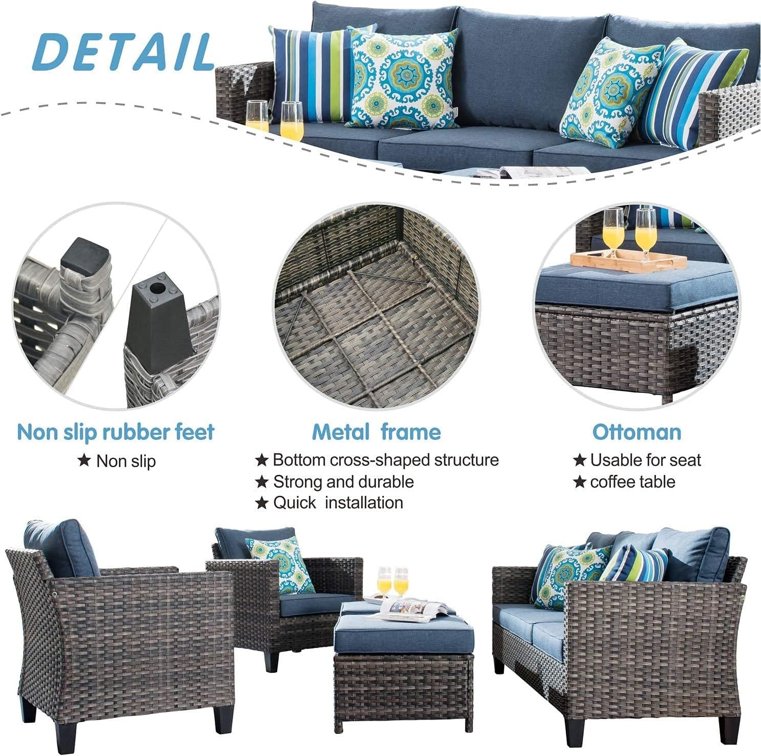 ovios Patio Furniture Sets 5 Pieces All Weather Outdoor Sectional Sofa Manual Weaving Wicker Rattan Patio Conversation Set, Backyard Balcony Porch Garden Poolside (Denim Blue) : Patio, Lawn & Garden