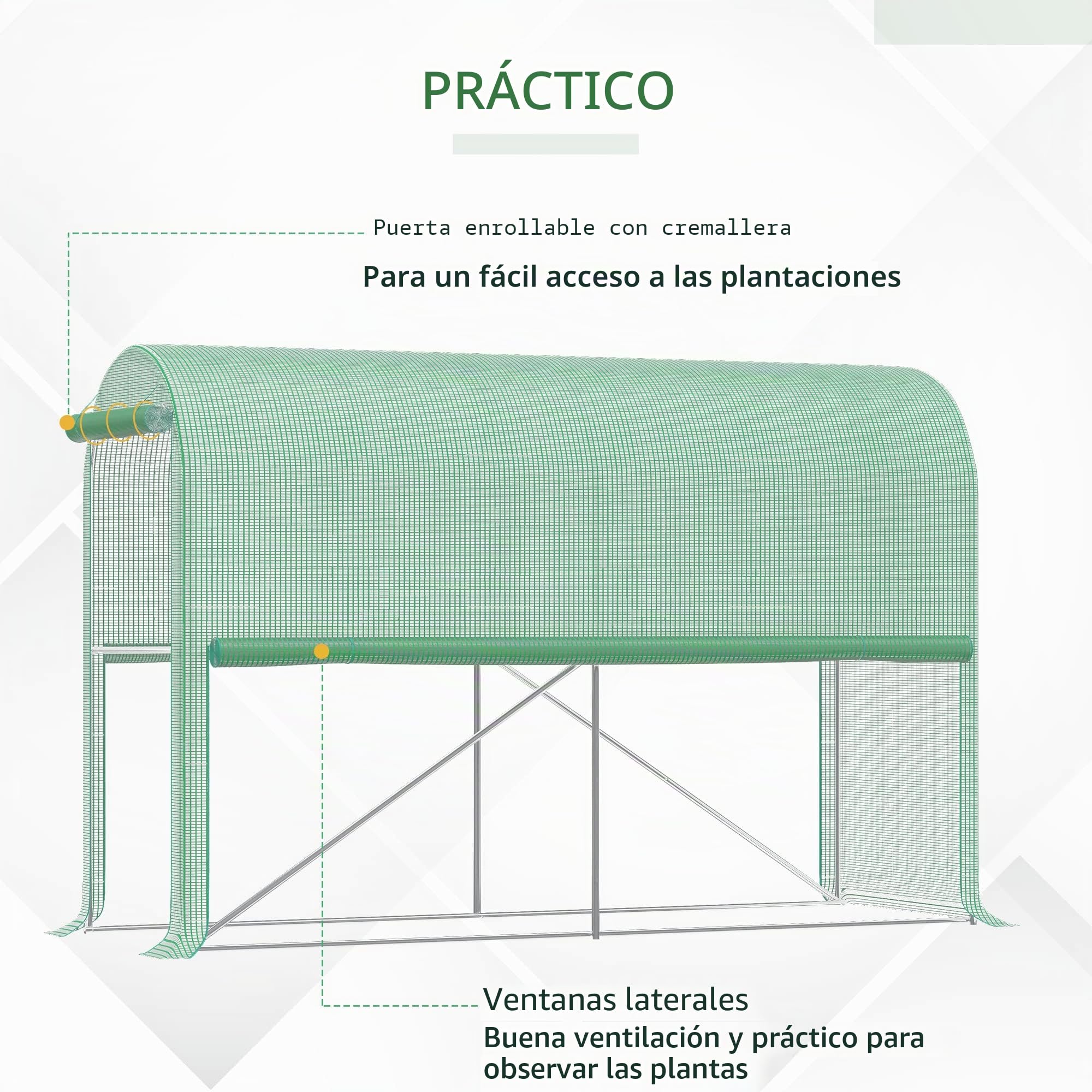 Outsunny - Invernadero de jardín (3 m²), color verde 3 x 1 x 2 m Puerta con cremallera desplegable 2 lados enrollables Acero PE Alta Densidad Verde