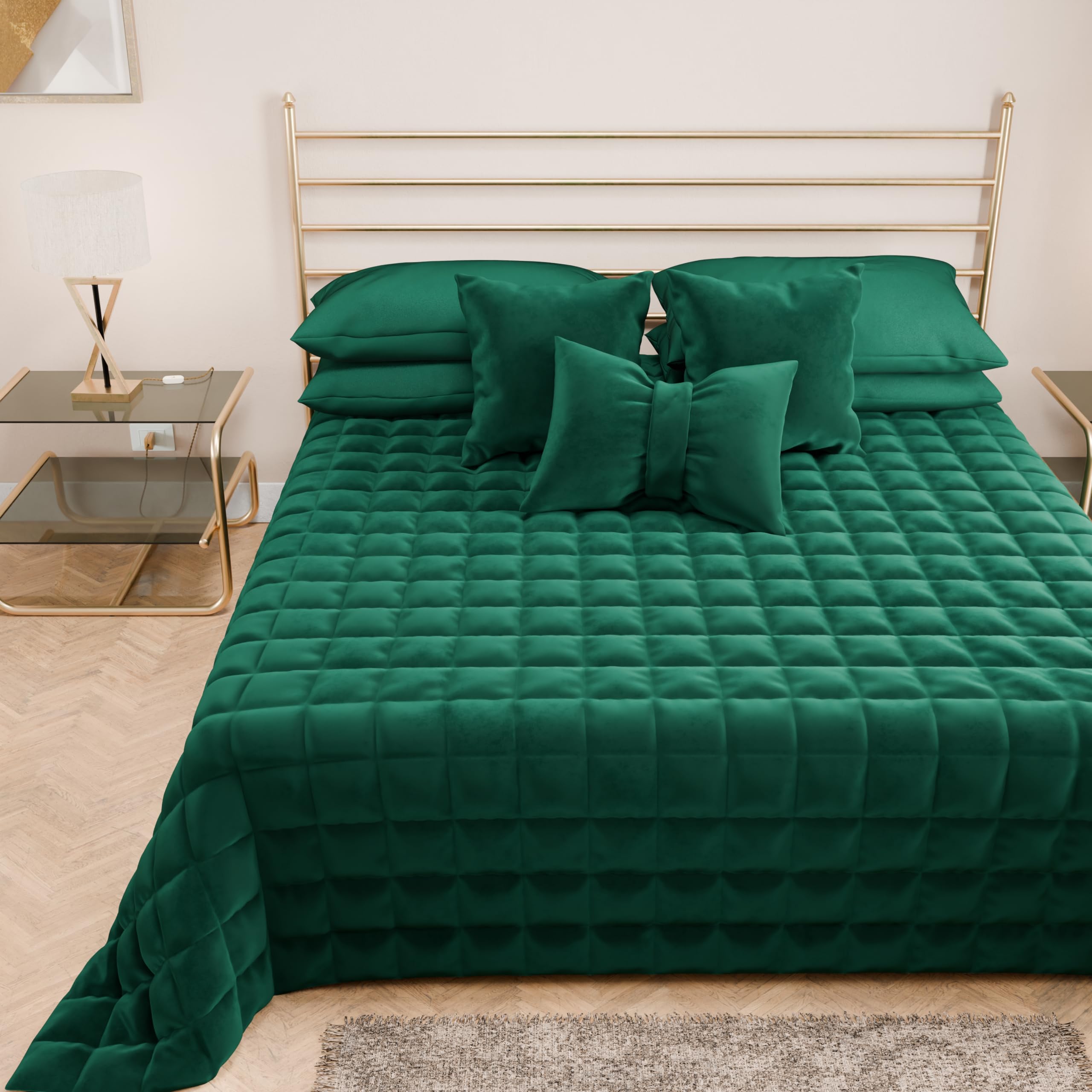 PETTI Artigiani Italiani - Soft and Warm Velvet Double Quilt, Spring Autumn Quilt, Double Bedspread, Emerald, 100% Made in Italy