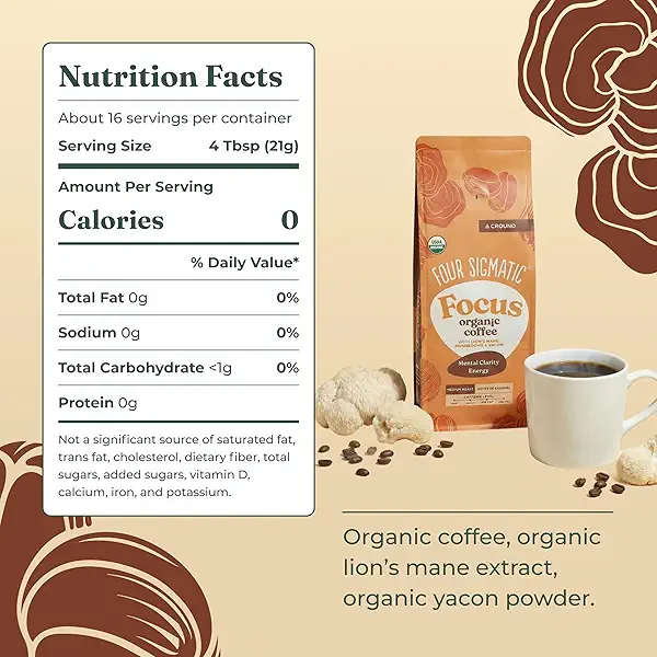 Four Sigmatic Focus Ground Coffee | Organic Ground Coffee with Lion's Mane Mushroom and Yacon for Mental Clarity & Energy Support | 12oz Bag 2
