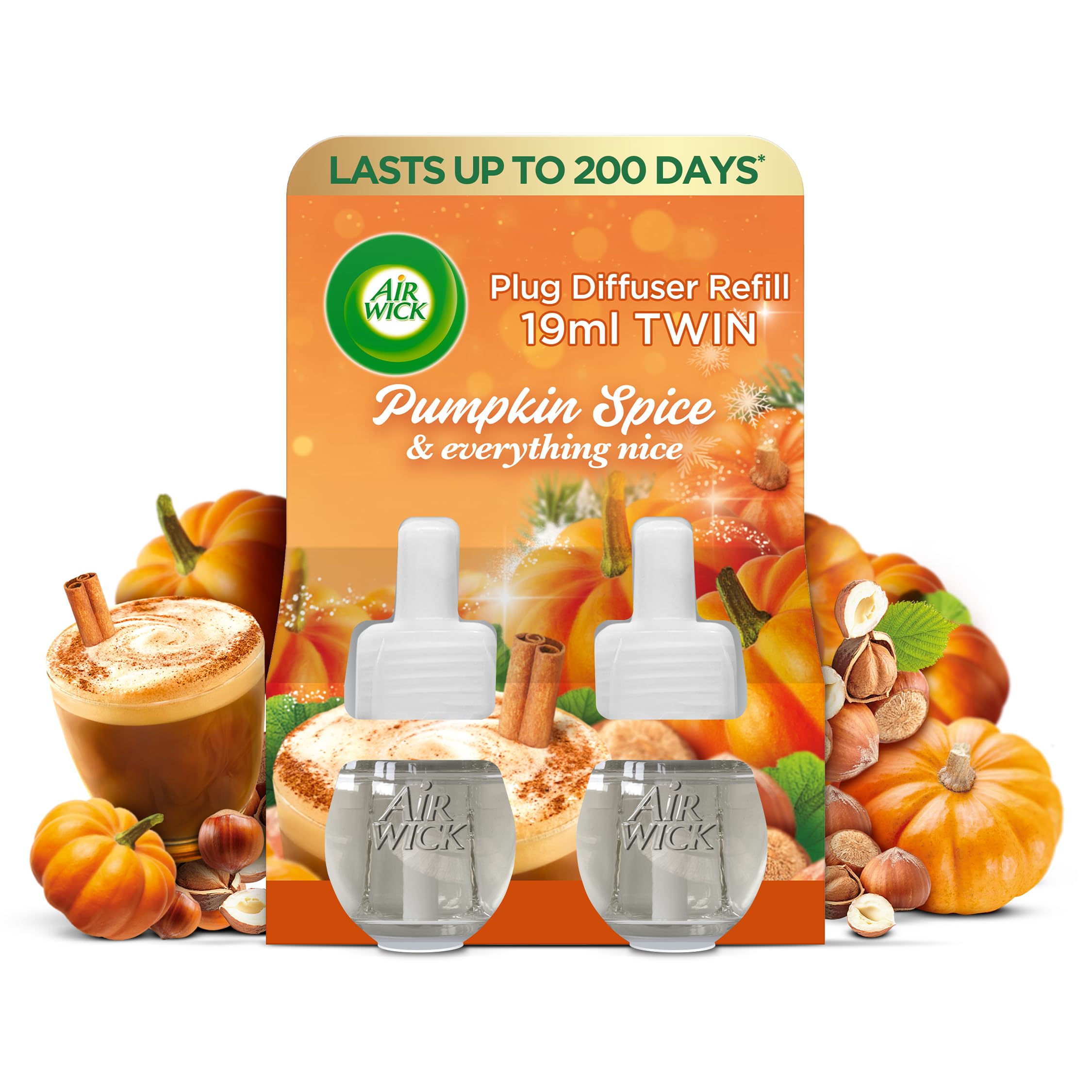 AirwickPlug in Diffuser Twin Refill, Pumpkin Spice & Everything Nice, Pack 1 x 19ml, Long Lasting Fragrance, Lasts up to 200 days, Plug in Air freshener