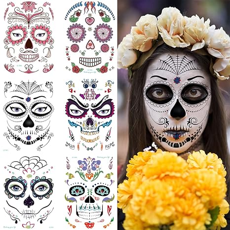 Halloween Temporary Face Tattoo Sticker, Day of The Dead Full Face Makeup for Party Costume Sugar Skull Floral Skeleton Web Red Roses Tattoos(Style A)
