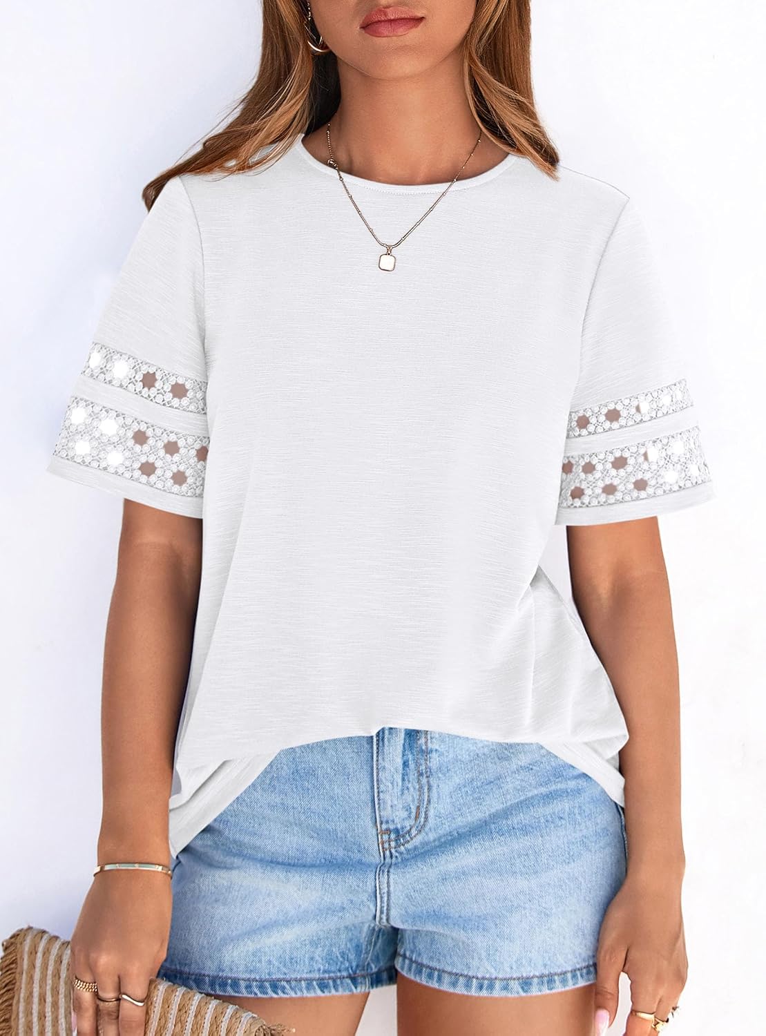 PRETTYGARDEN Summer Tops for Women 2026 Lace Short Sleeve T-Shirts Casual Blouses Spring Fashion Clothes Vacation Outfits