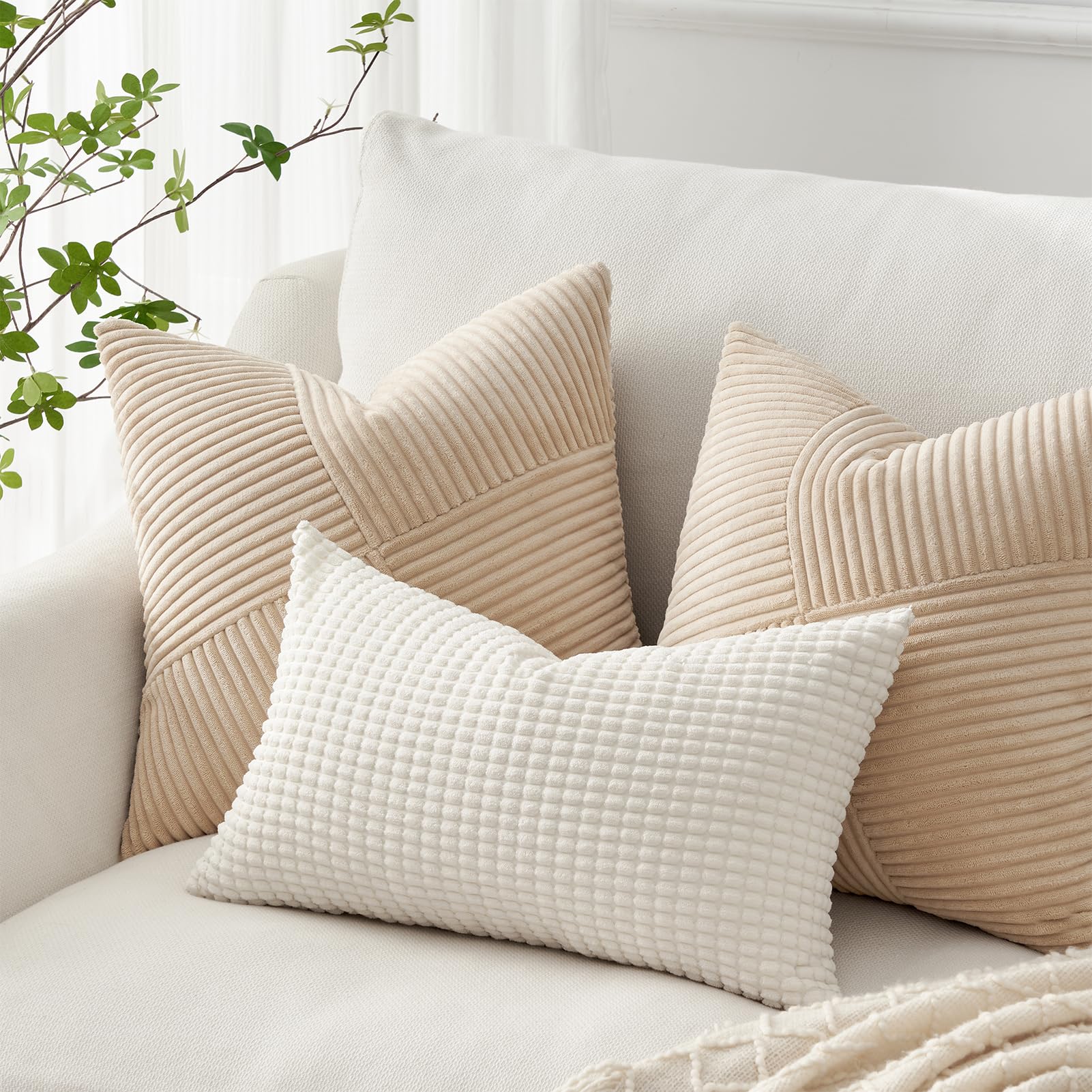 Topfinel Tan Cushion Covers 40x40 cm 16x16 Inch Set of 2 Corduroy Patchwork Pinwheel Throw Pillow Cases with Invisible Zipper Decorative Sofa Cushion Covers for Living Room Bedroom Sofa Bed - Image 2