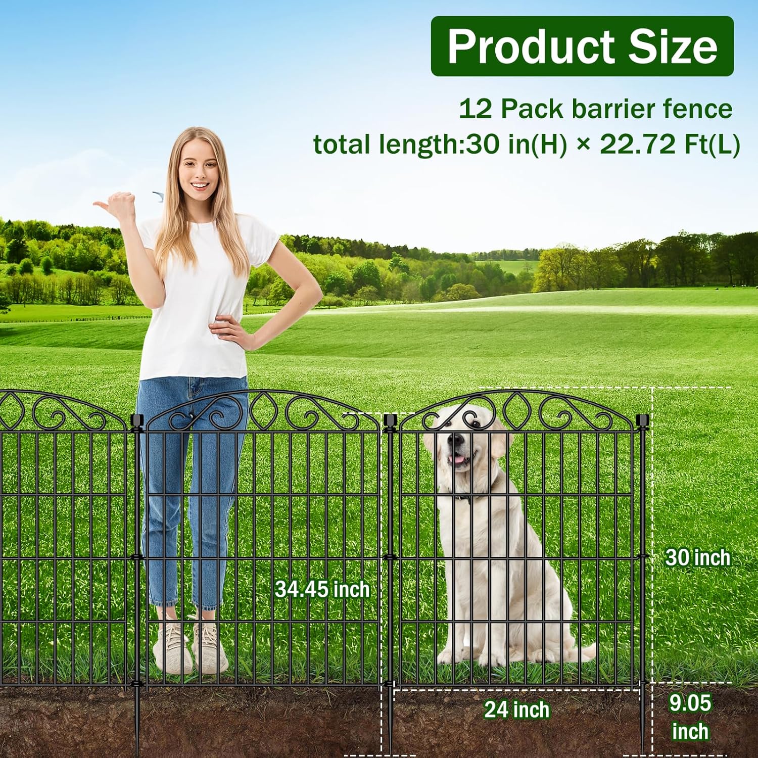Garden Fence 12 Panel with Gate - 30in H x 22.72 ft L, No Dig Rustproof Metal Tall Animal Barrier for Dogs Rabbits, Decorative Outdoor Border for Yard, Patio, and Flower Beds