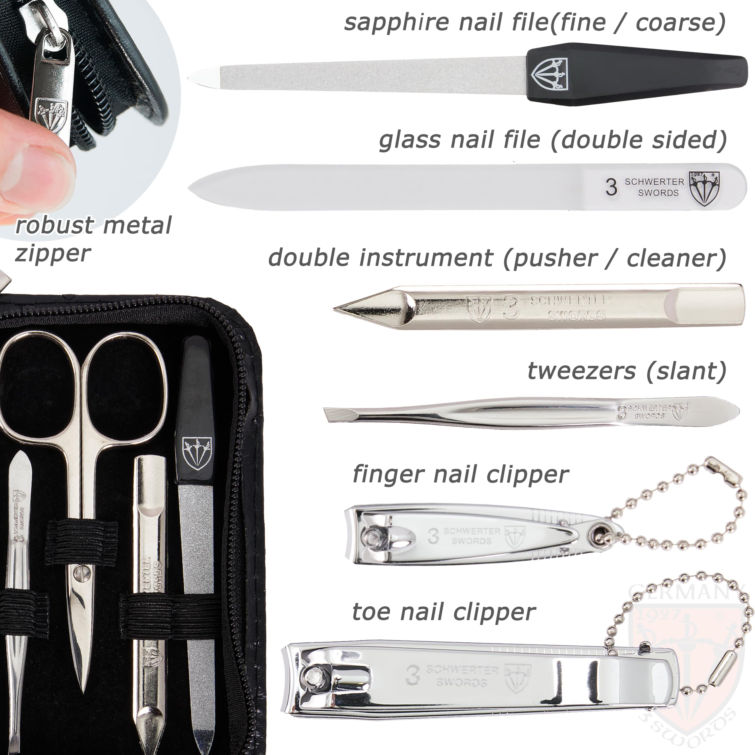 Tres Espadas - Set para el cuidado de las uñas ´Salamanca` de viaje con estuche para manicura y pedicura con lima de uñas de vidrio - Calidad de marca by 3 Swords (7681)