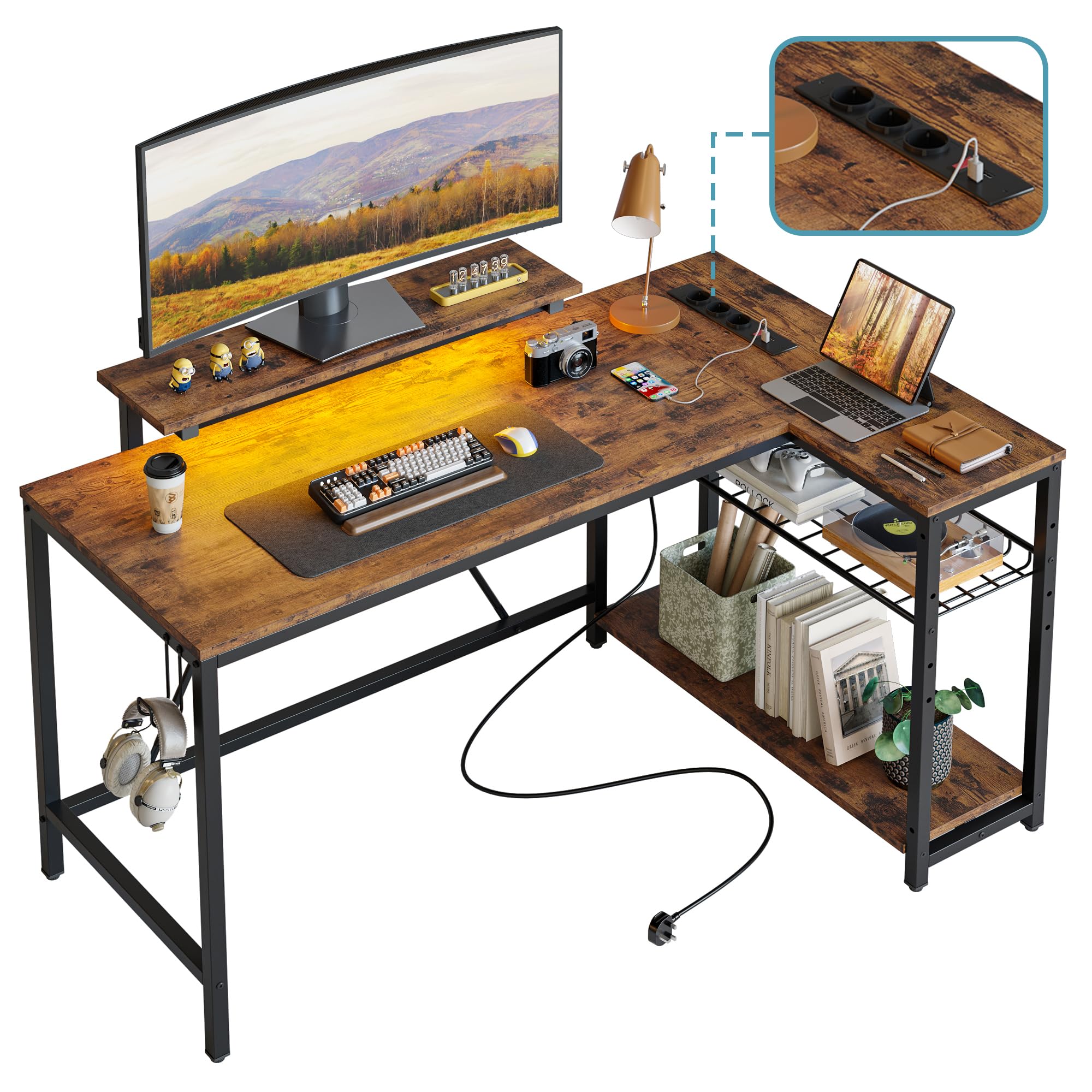 Bestier Scrivania Angolare a Forma di L con LED e Prese – Scrivania Reversibile 132 cm con Ripiani, Ideale per Ufficio, Studio e Gaming