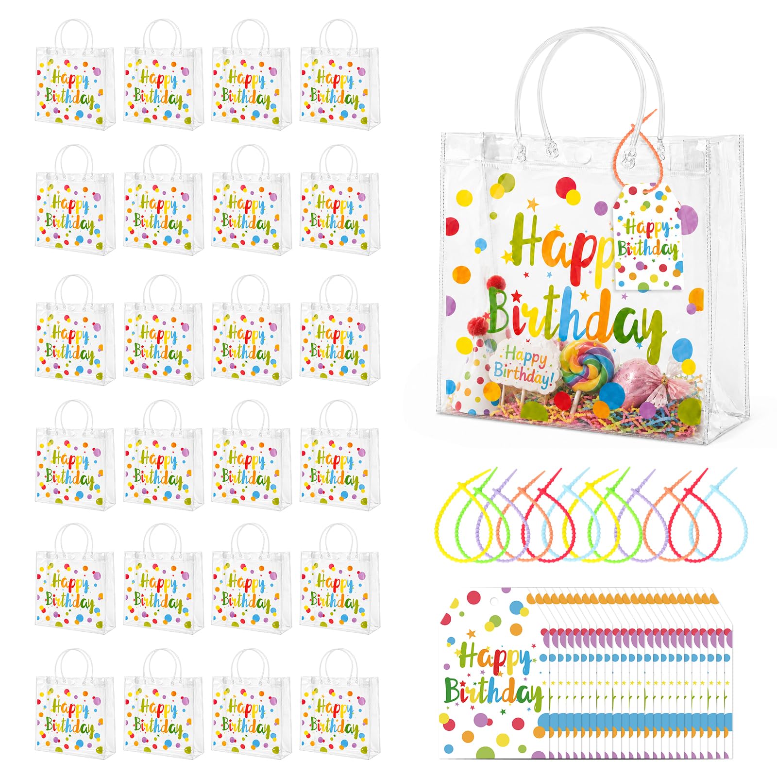 jijAcraft 24Pcs Clear Happy Birthday Gift Bags with Handles, Polka Dots