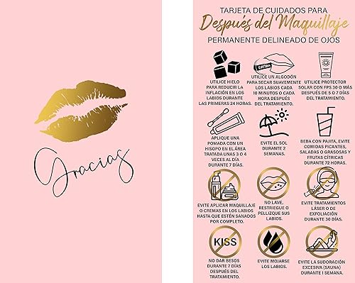 BRAWNA 100 tarjetas de agradecimiento de cuidado posterior de colorete de labios de PMU español rosa - Instrucciones para el cuidado después del