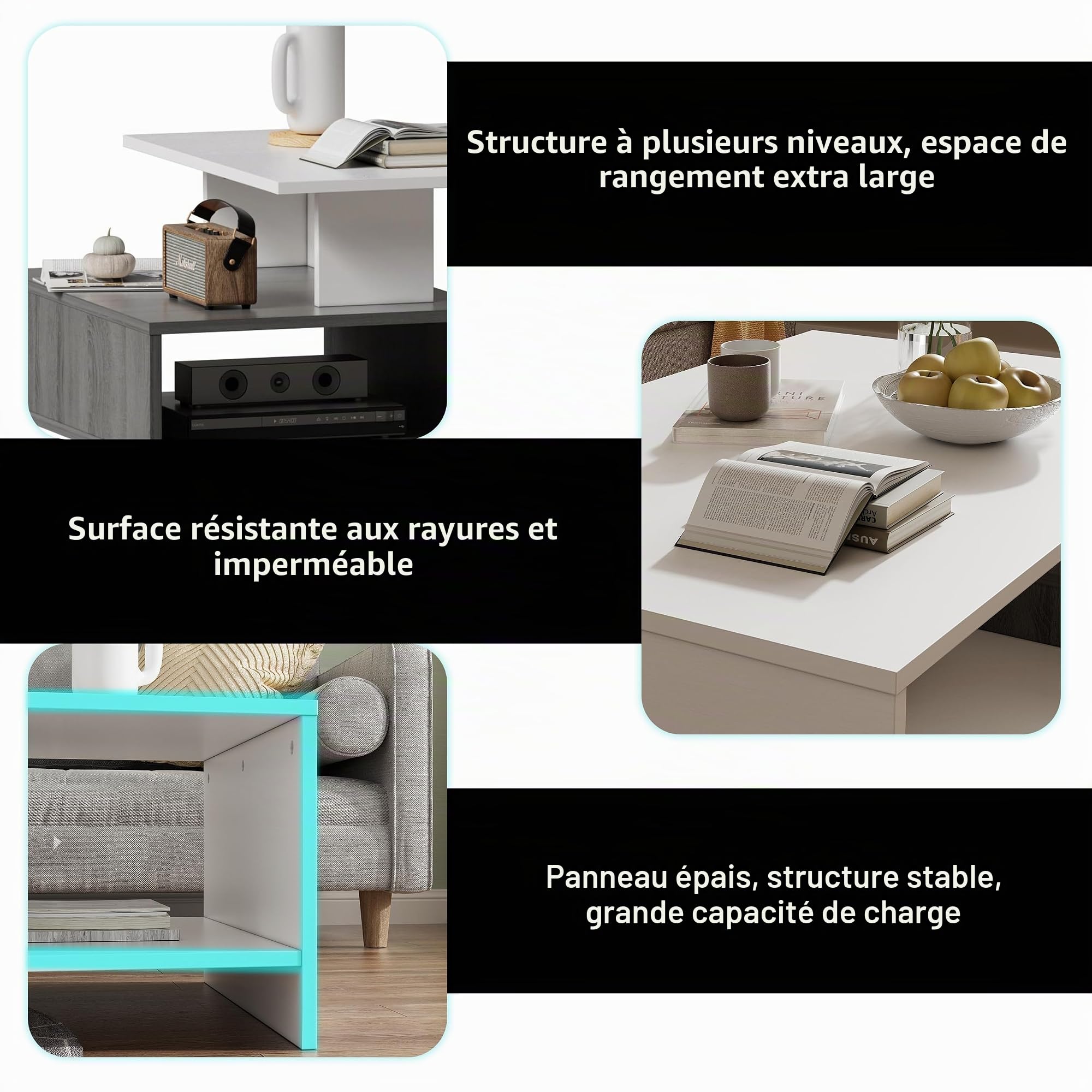 JoliJour Table Basse Moderne Rectangulaire Table d'appoint en Bois Meuble de Salon 2 Niveaux Blanche pour Salon Bureau Installation Facile 105x35x60cm