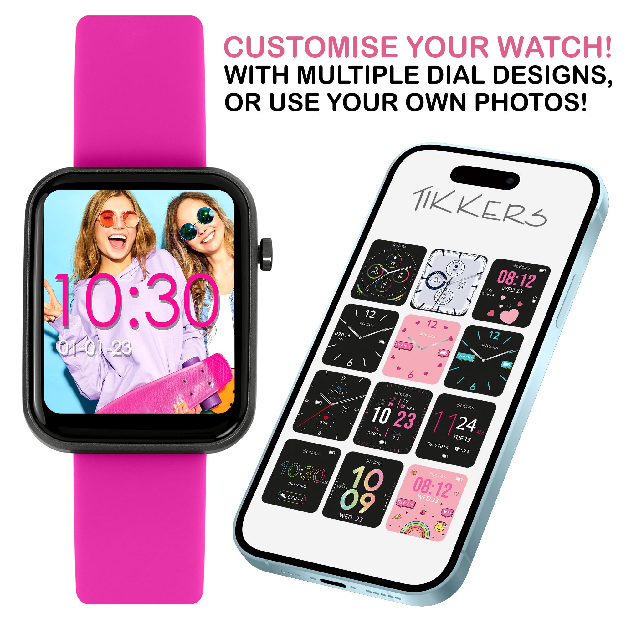 Tikkers Kids Series 13 smartwatch con fitness tracker, sveglia, fotocamera, connettore GPS, cardiofrequenzimetro, contapassi, touch screen, cinturino in silicone rosa