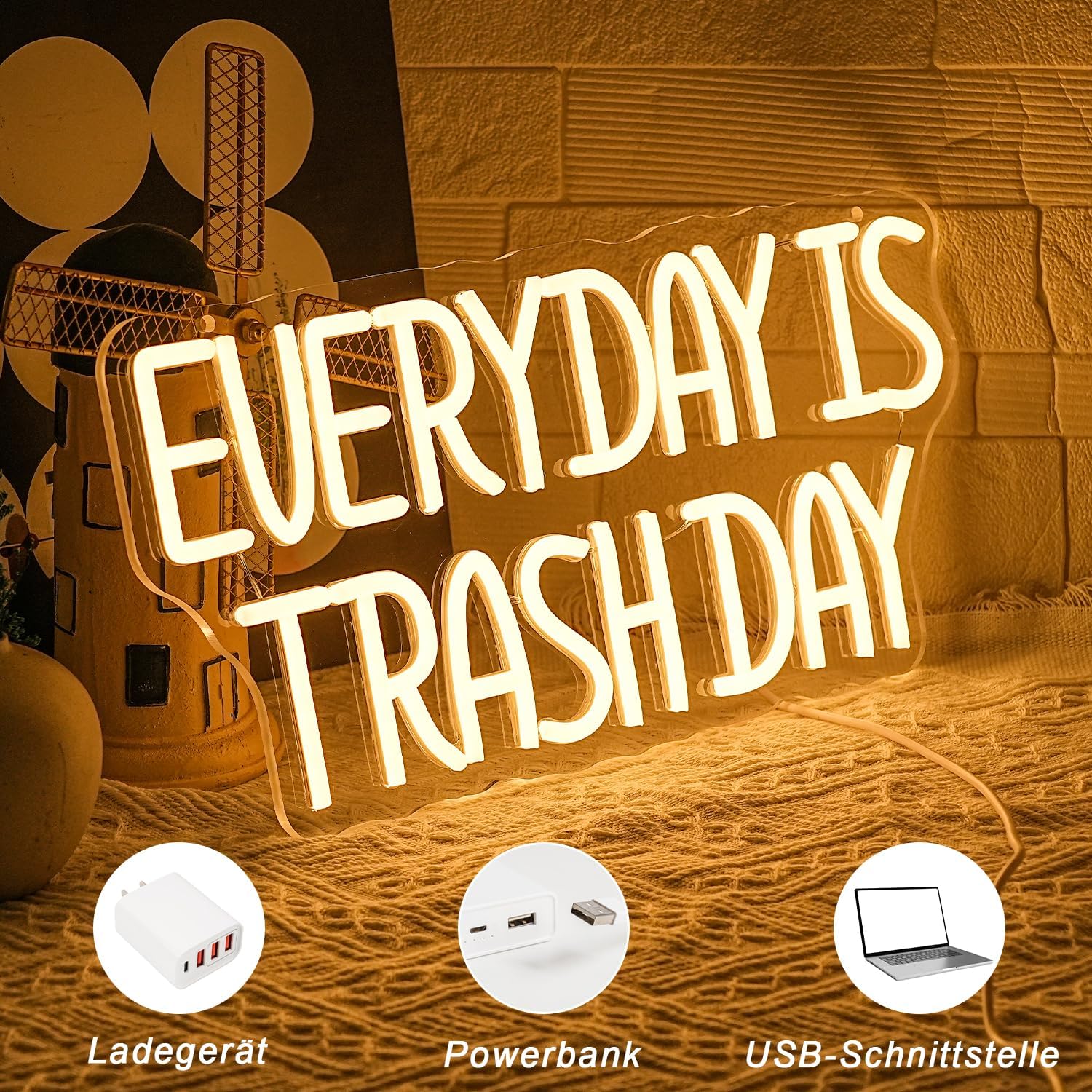 Everyday Is Trash Day Neon Sign Warm Withe Neon Light Funny LED Neon Signs for Wall Decor everyday neon sign Dimmable Letter Light Sign for Bedroom,Game Room Bar Studio Man Cave Decor