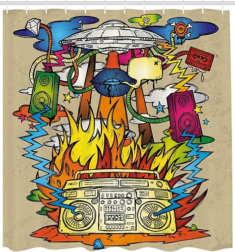 Miniatura 2 de Ambesonne Cortina de ducha de arte moderno, objetos hippie funk trippy con caja de música OVNI, cinta de labios y altavoces, juego de decoración de