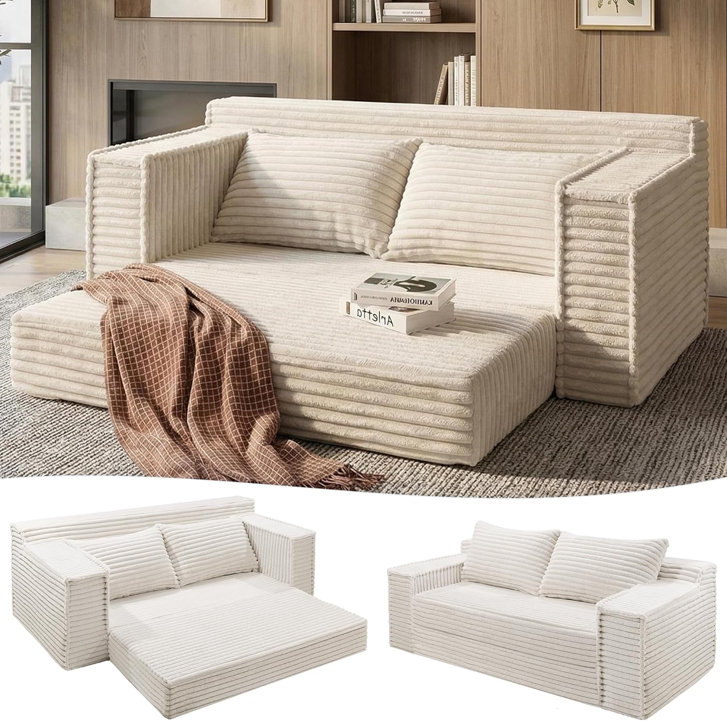 IDEALHOUSE 75 Inch Convertible Sofa Bed, Boneless Sleeper Sofa, 2 in 1 Folding Couch Bed with 2 Pillows, Pull Out Couch Bed, Loveseat Sofa for Living Room Bedroom, No Assembly, Beige