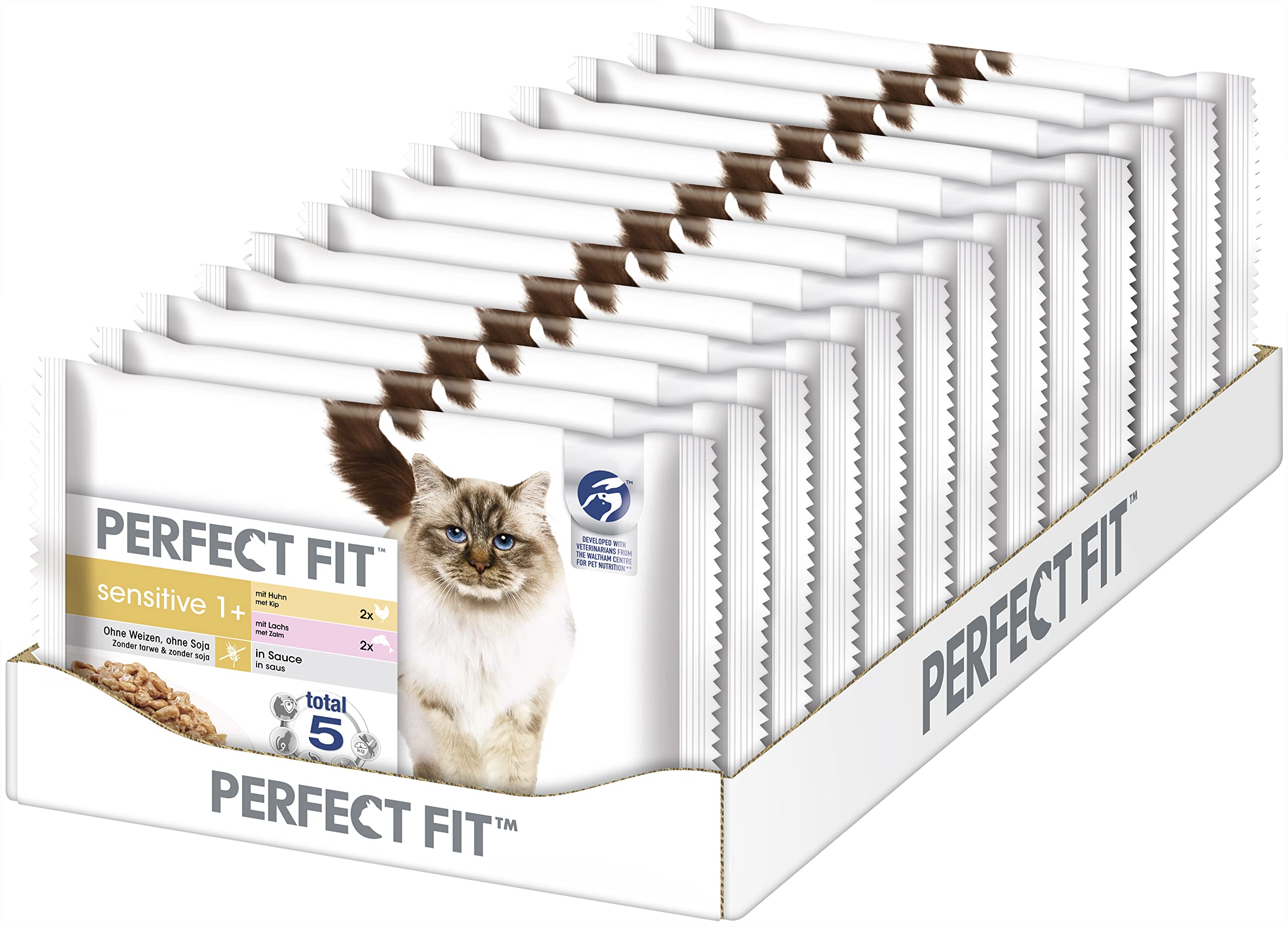 Comida húmeda para Gatos Sensitive 1+ con salmón y Pollo en Salsa – Comida húmeda para Gatos, 13 x 4 Bolsas de 85 g