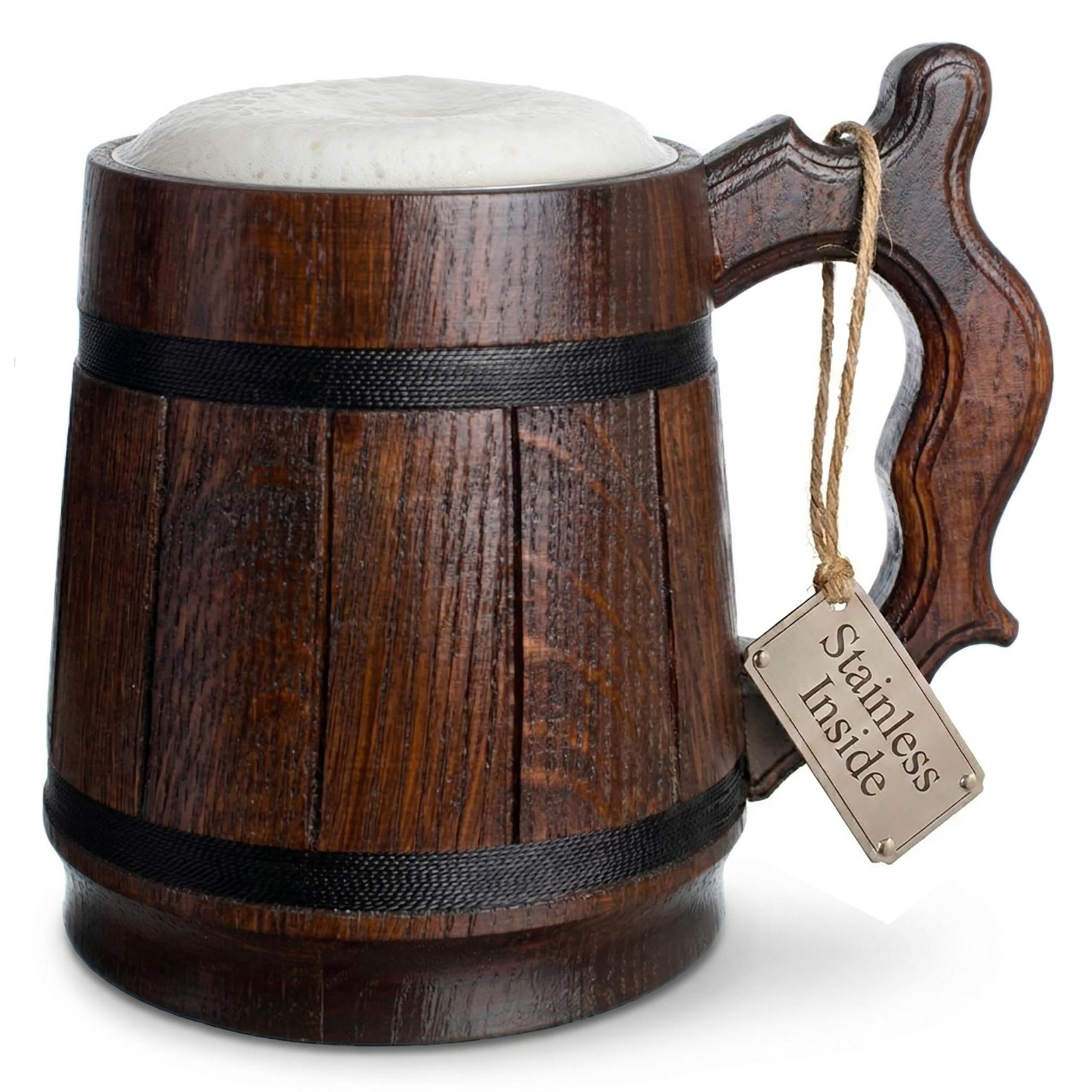 Handgefertigter Bierkrug aus Eichenholz Edelstahl Tasse Natürlich Umweltfreundlich 0,6 Liter 20 Unzen Krug Retro braun