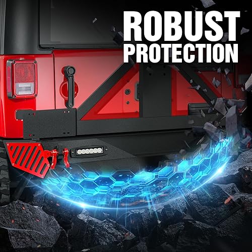 Miniatura 6 de Parachoques trasero para Wrangler JK JKU con portador de neumáticos de repuesto compatible con Jeep Wrangler JK JKU 2007-2018 con 2 luces LED,