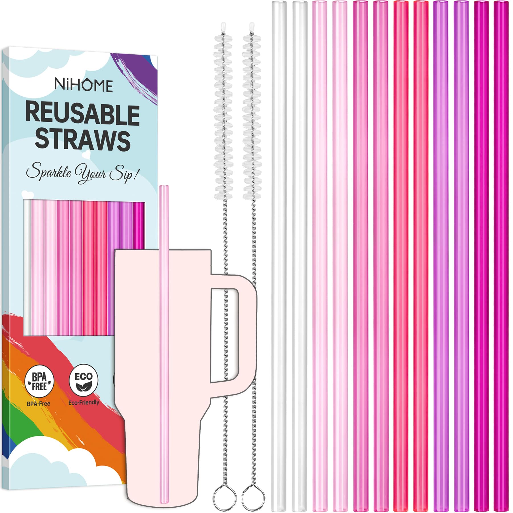 NiHome 12 Reusable Straws for Stanley 40oz 30oz Tumbler, PETG BPA-Free Pink