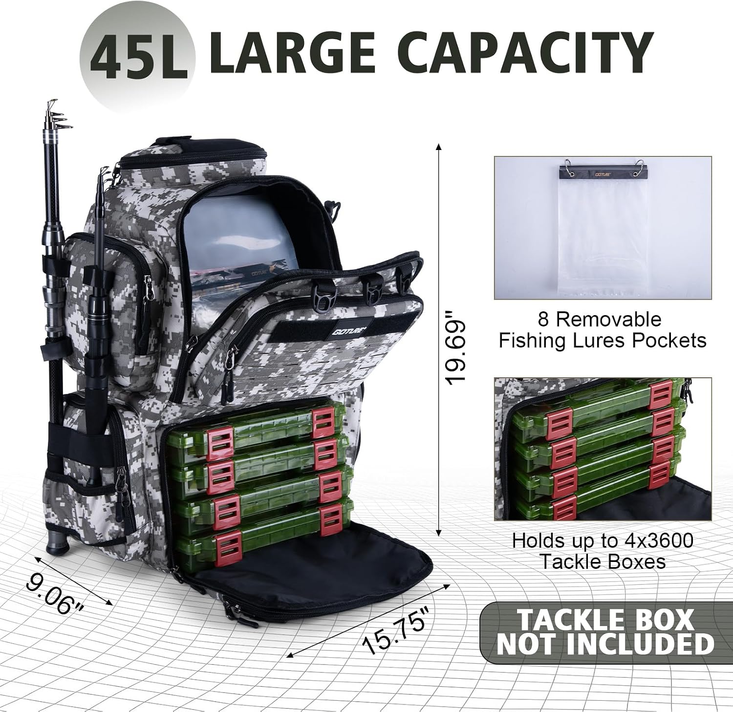 Goture Fishing Backpack, 900D Water-Resistant Tackle Backpack with Rod Holders, 45L Large Fishing Bag Storage Gear Tackle Bag with 8 Lure Pockets, Rain Cover for Camping Hiking(Without Tackle Box)
