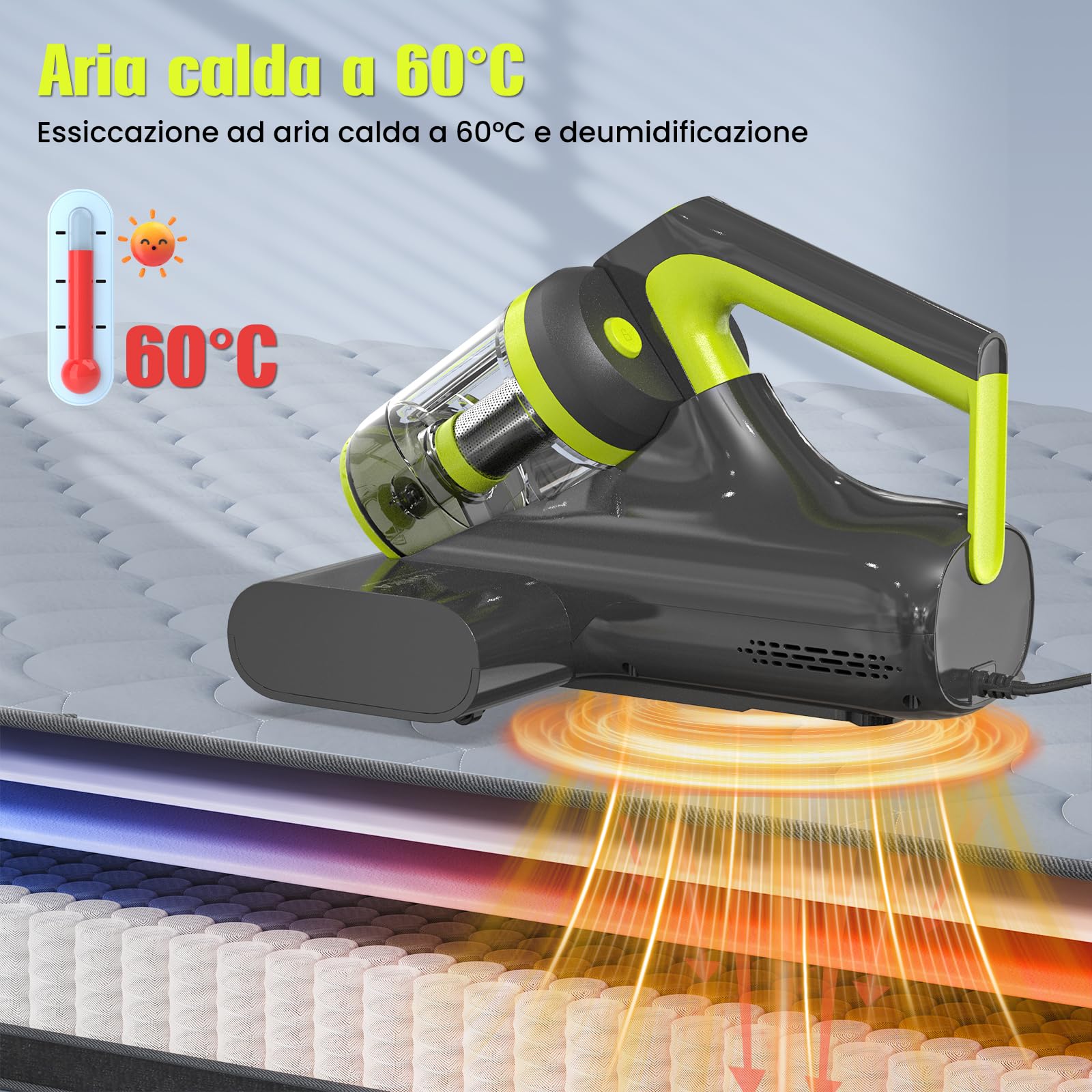 HYCHIKA Aspirapolvere per materassi - 16kPa Battimaterasso Antiacaro con luce UV-C,ad ultrasuoni,60°C, aria calda,doppio ciclone, rimuove il 99,2% degli allergeni, per materassi, letti,divani