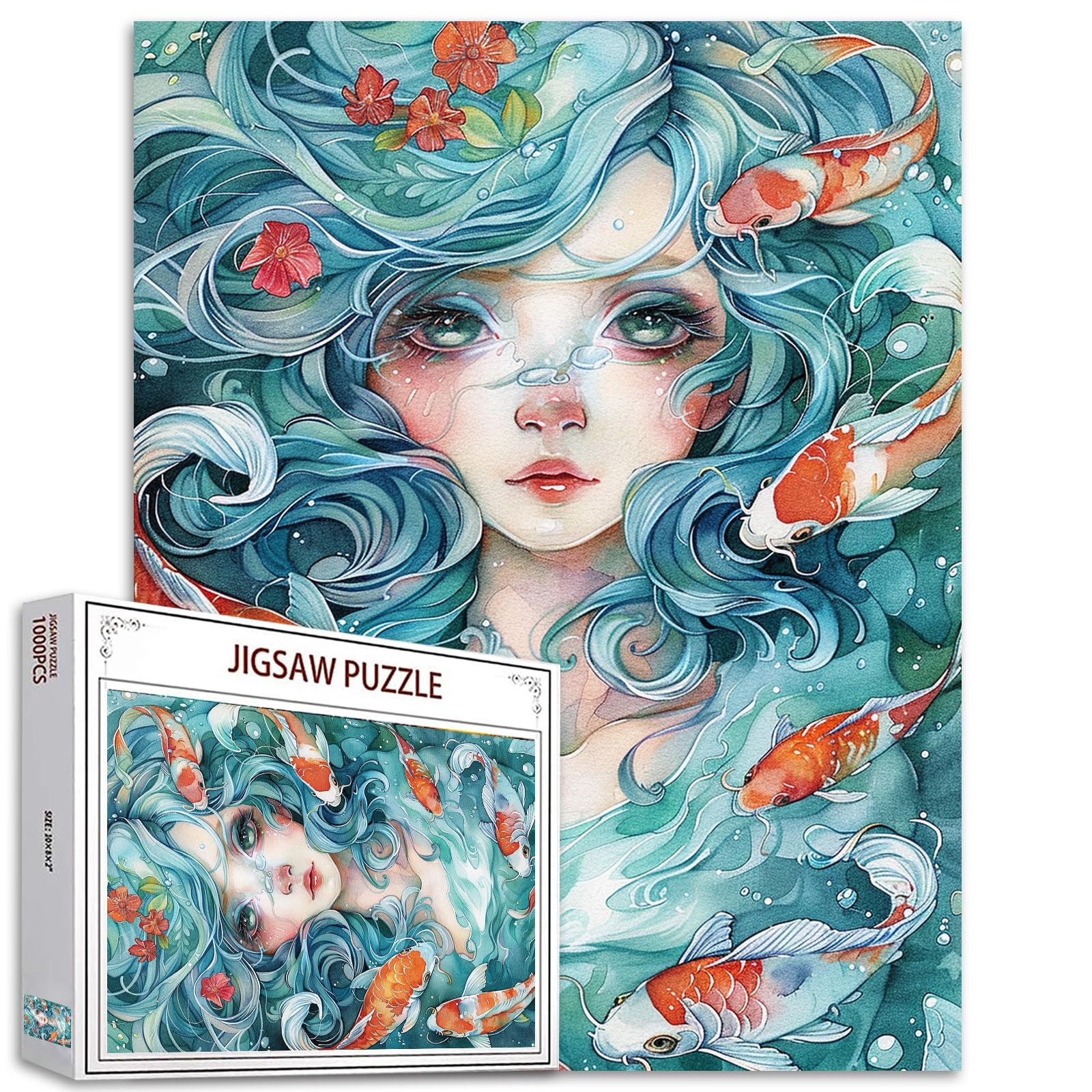 Tucocoo Watercolor Girl Jigsaw Puzzles for Adults 1000 Pieces, Koi Fish Blue Ocean Abstract Art Jigsaw Puzzle Colorful DIY Handwork Puzzles for Home Decoration, Family Puzzle Perfect for Game Nights โ image 1