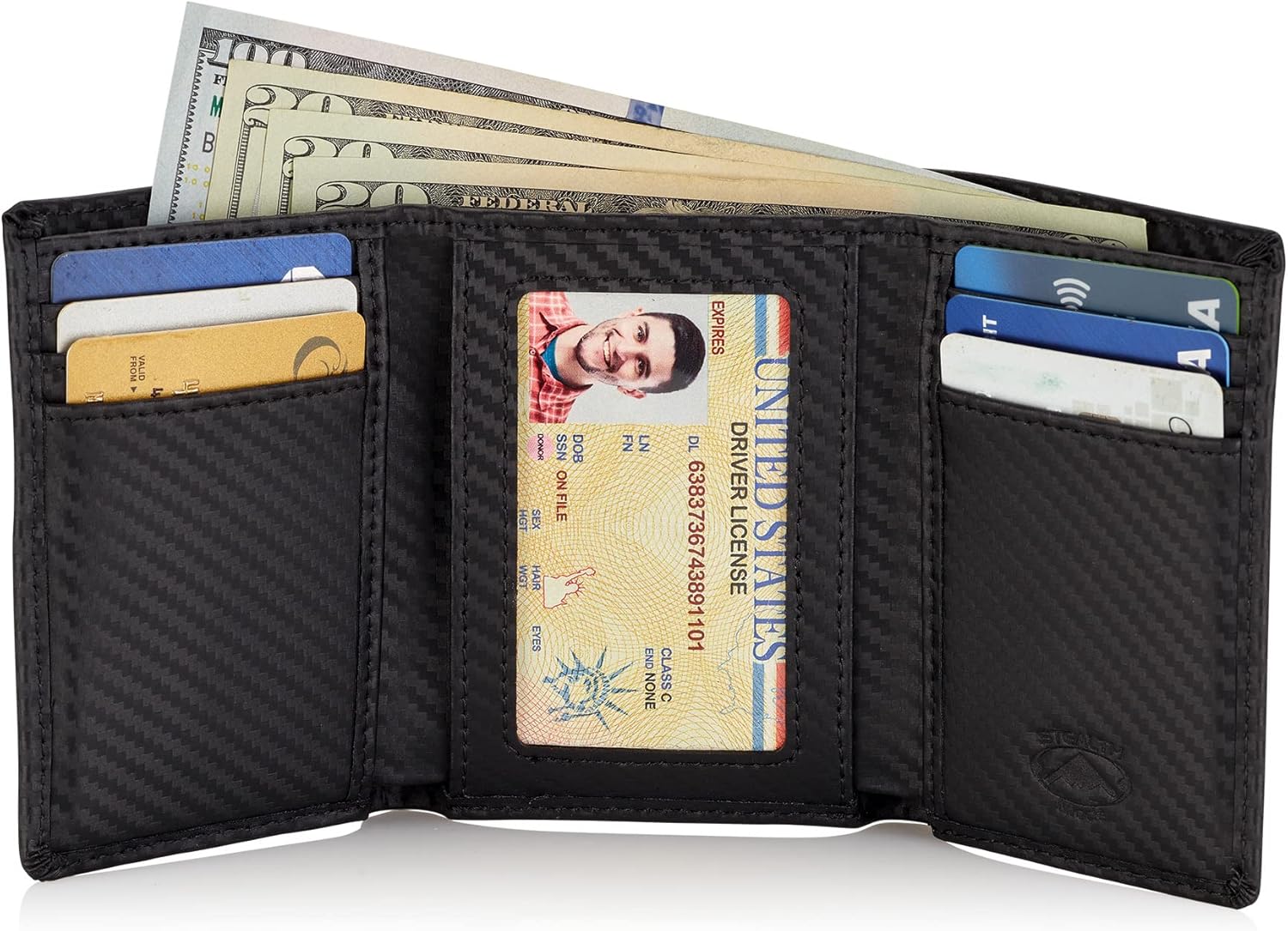 Stealth Mode Men's Leather Trifold Wallet with Airtag Holder and RFID Blocking (Carbon Fiber)