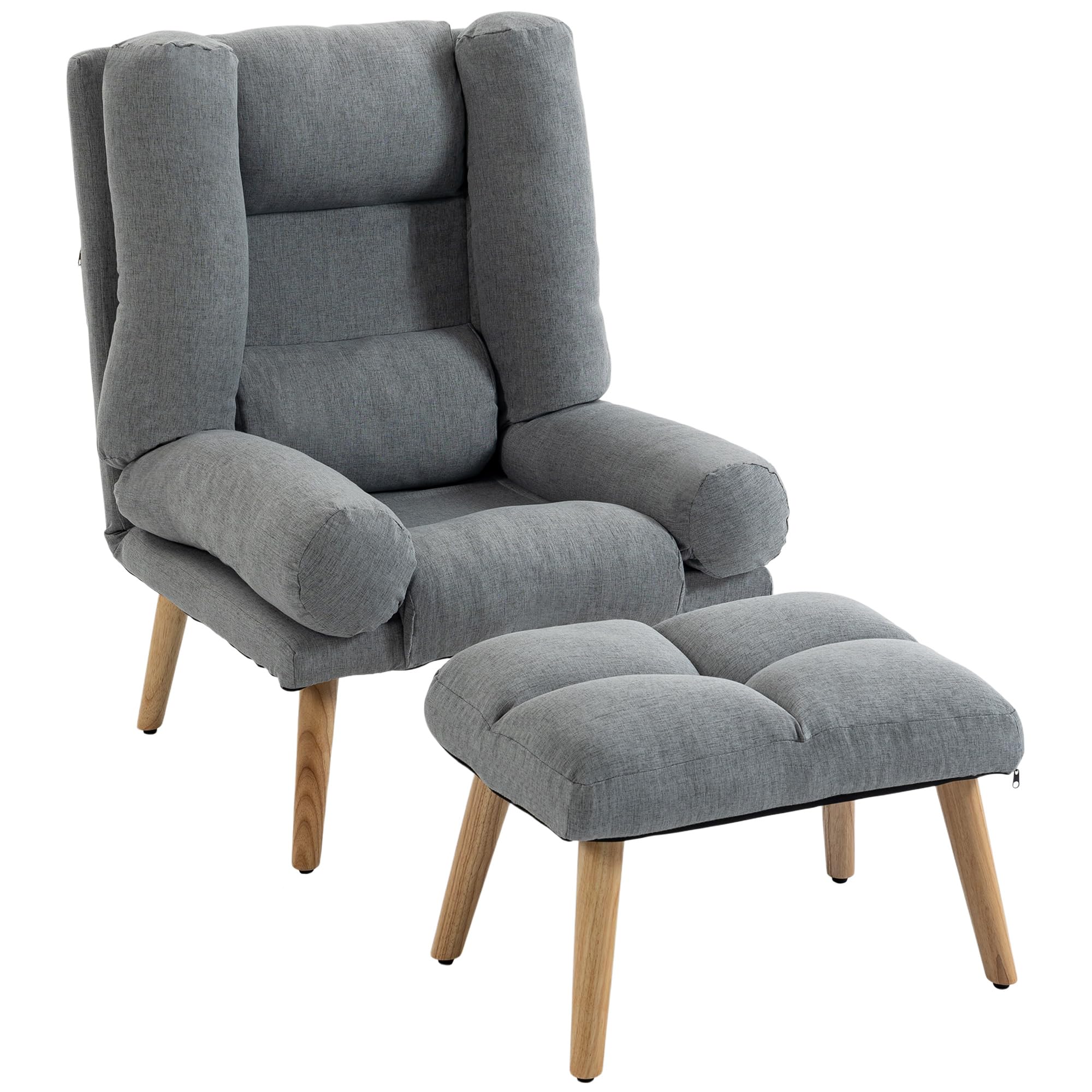 HOMCOM Recliner Chair with Footstool, Linen-Look Fabric Recliner Armchair with Adjustable Backrest, Thick Cushion and Wooden Legs, Reclining Chair for Living Room, Bedroom, Grey