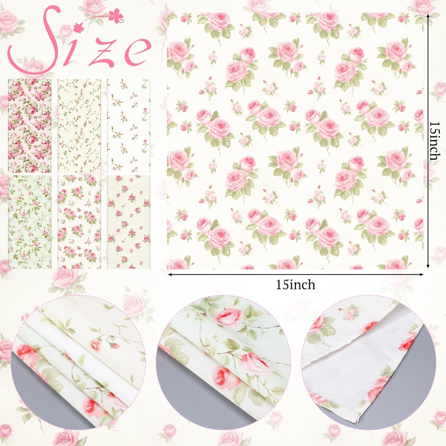 Floral Cloth Napkins 6 Patterns Washable Dinner Tea Party Napkins Reusable Plant Flowers Square Napkin Cotton Towel Decorative for Spring Wildflower Party(Pink Rose,24 Pcs)