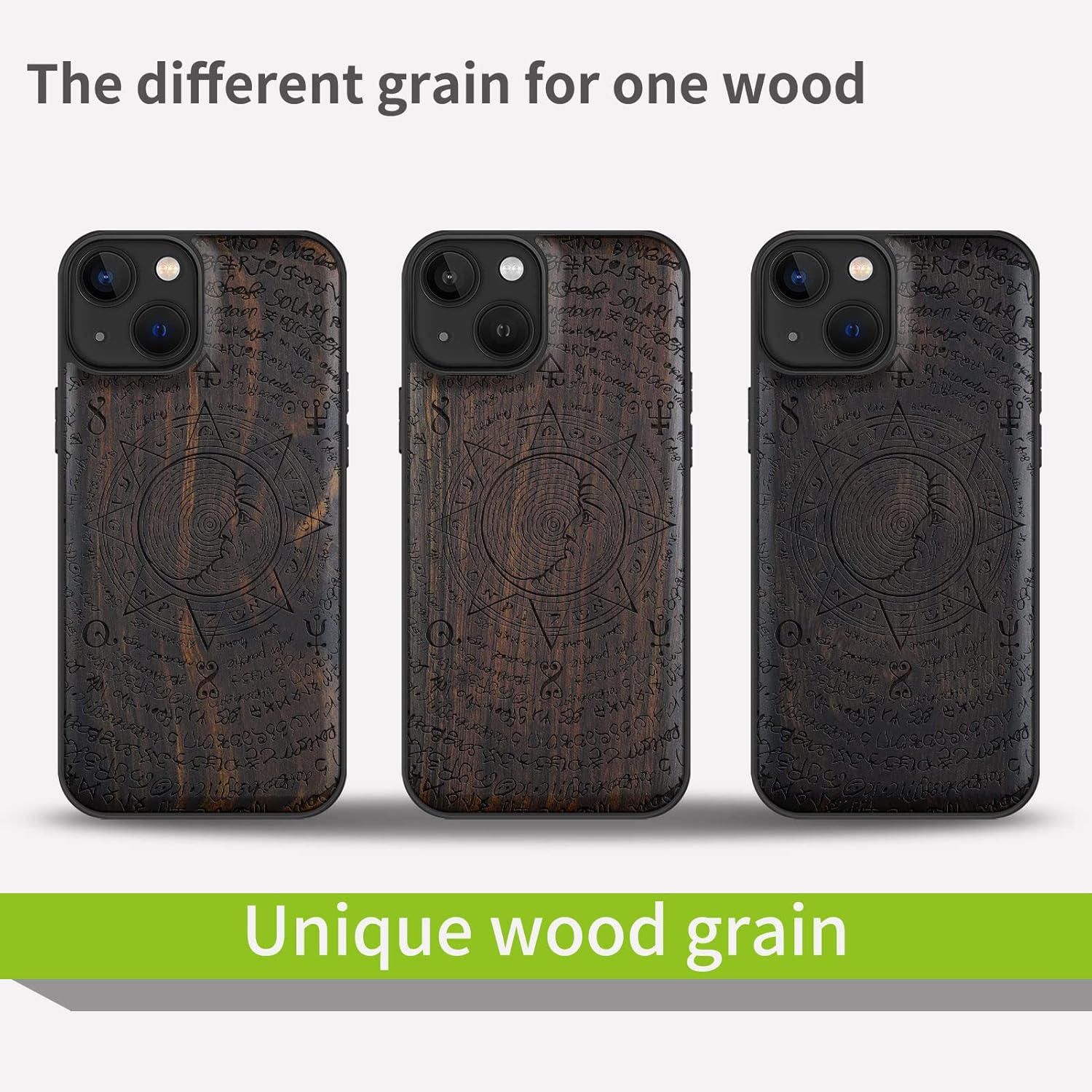 Carveit Magnetic Wood Case for iPhone 13 Case [Natural Wood & Black Soft TPU] Wooden Shockproof Protective Cover Compatible with magsafe (The Moon of Old Manuscript -Blackwood)