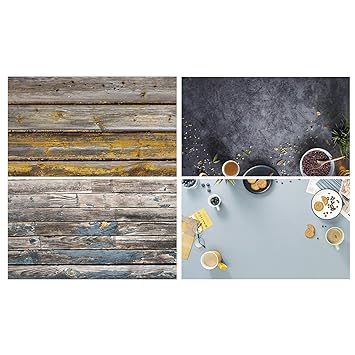 SAVIAURA 2 PCS. - 2 in 1 3D Flat Lay Tabletop Double-Sided Photography Backdrop Photo Studio Flatlay Background PVC Wrinkle-Free for Small Products Shoot (13-Painted Wood & Food Pattern)