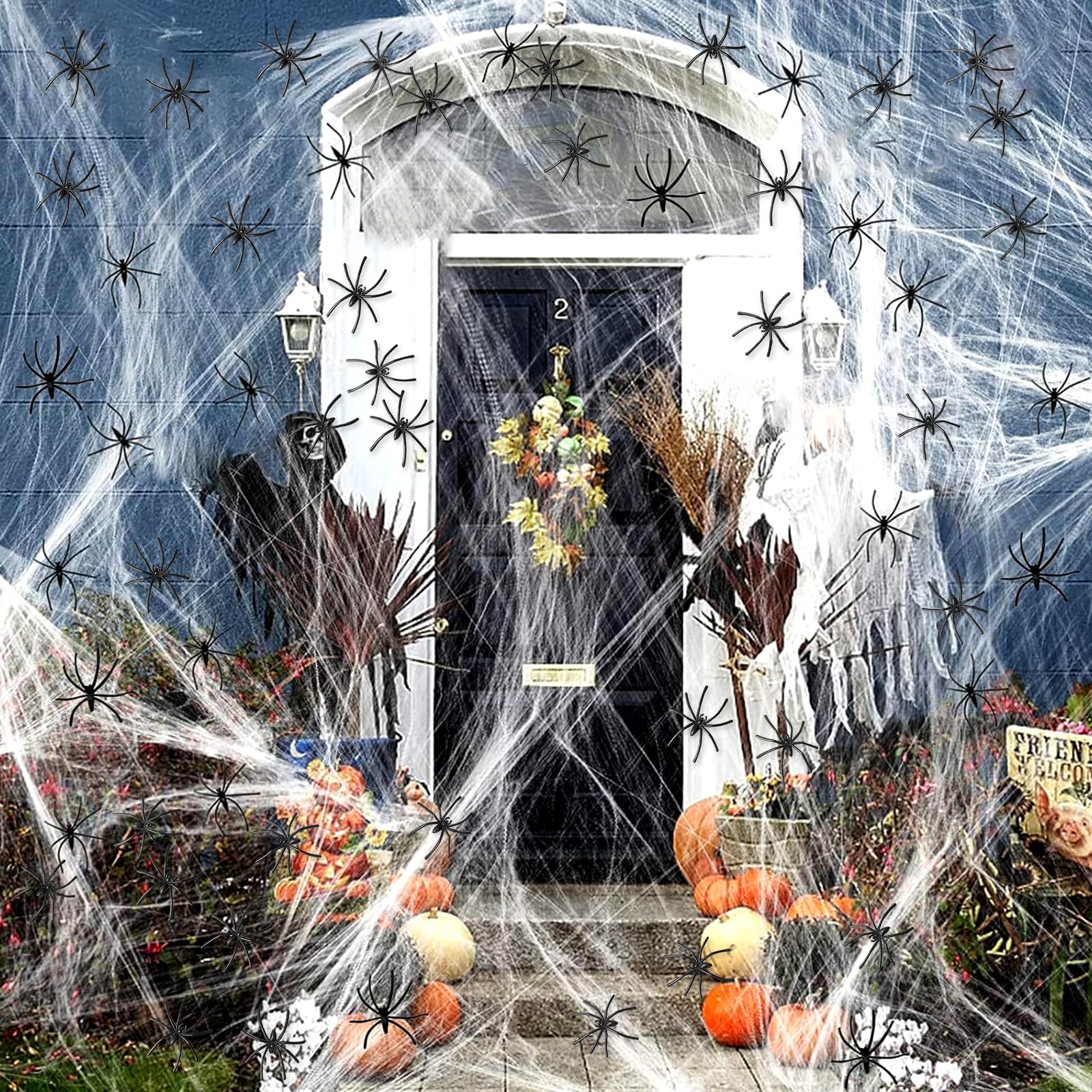 Qkeinv White 120G Halloween Spider Web, Halloween Spider Web Decorations, With 40 Fake Plastic Spiders, Halloween Decorations, Stretchable Halloween Cobwebs Decoration For Home Decoration (120G)