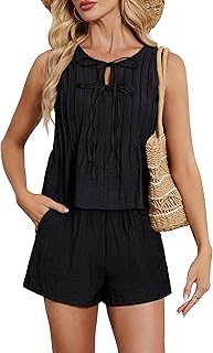 Womens Two Piece Sets Pleated Vacation Outfits Resort Wear Beach Linen Set Cruise Summer Matching Set 2025