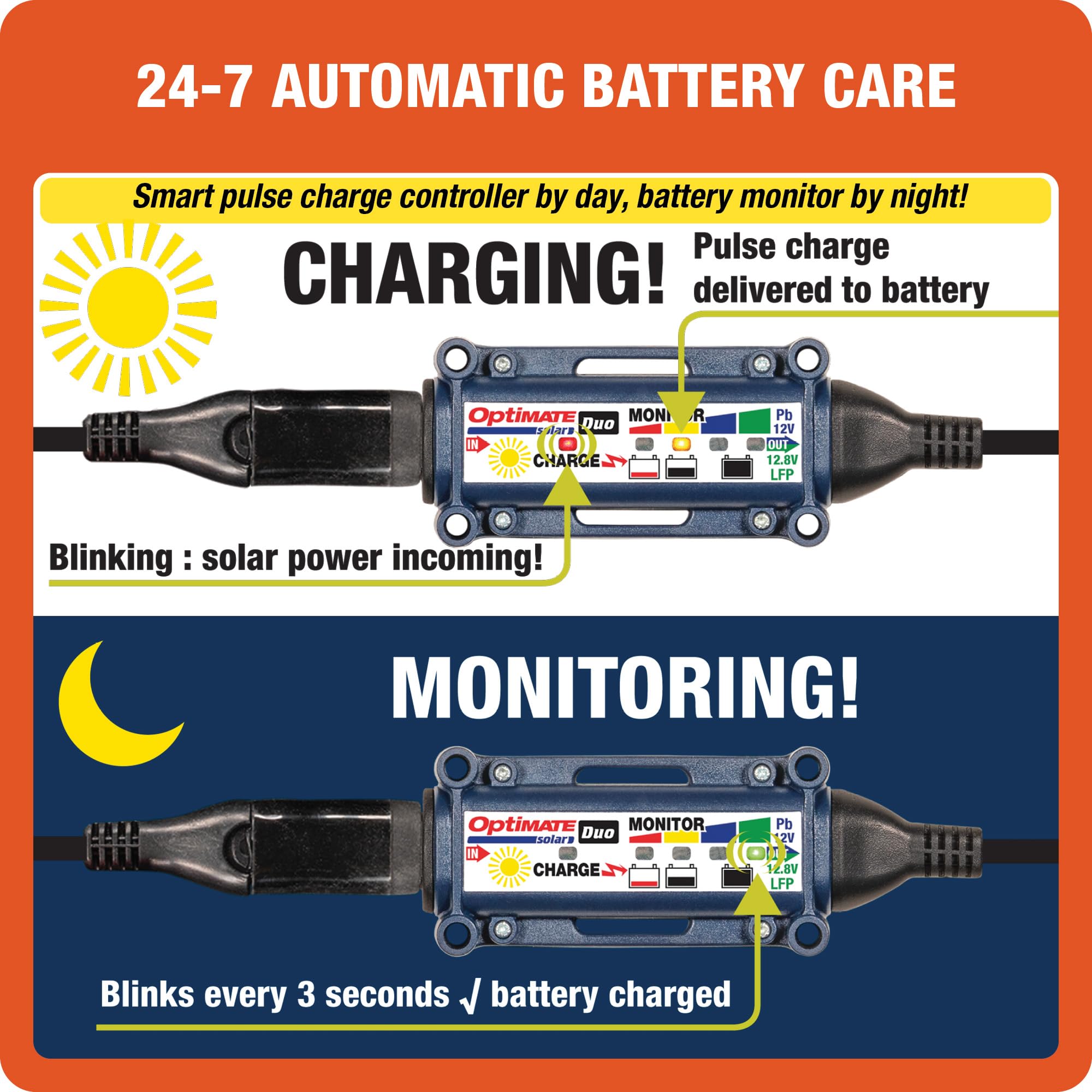 OptiMATE Tecmate Solar Duo 10W, TM522-D1, Caricatore e mantenitore Solare ermetico di Carica con Recupero di Batteria a Sei Fasi da 12V / 12,8V 0.83A