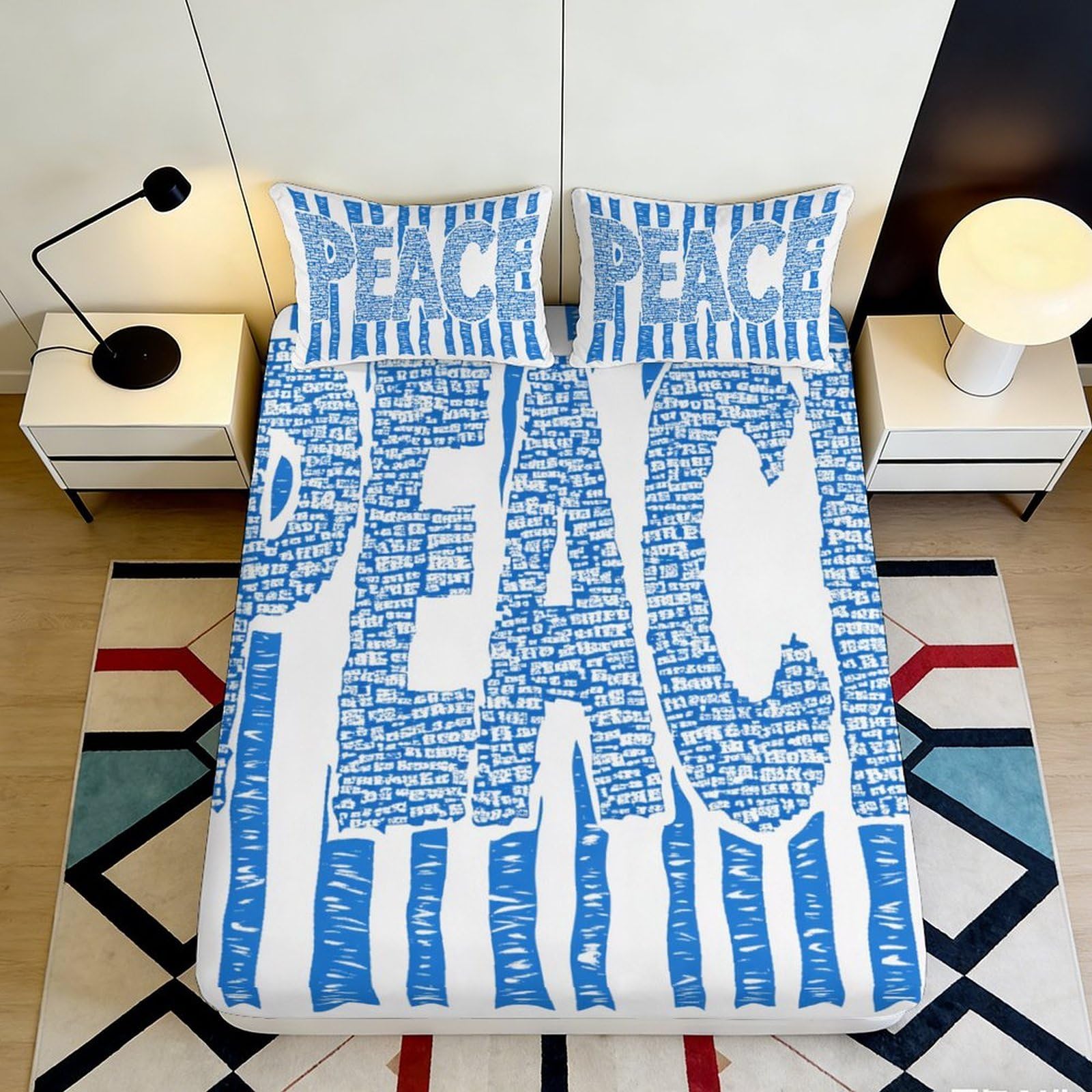 3D Printed Peace Typography Fitted Sheet Microfiber Blue Decorative Bed Cover for Bedroom Dorm Mattress Protection 90x200x25cm