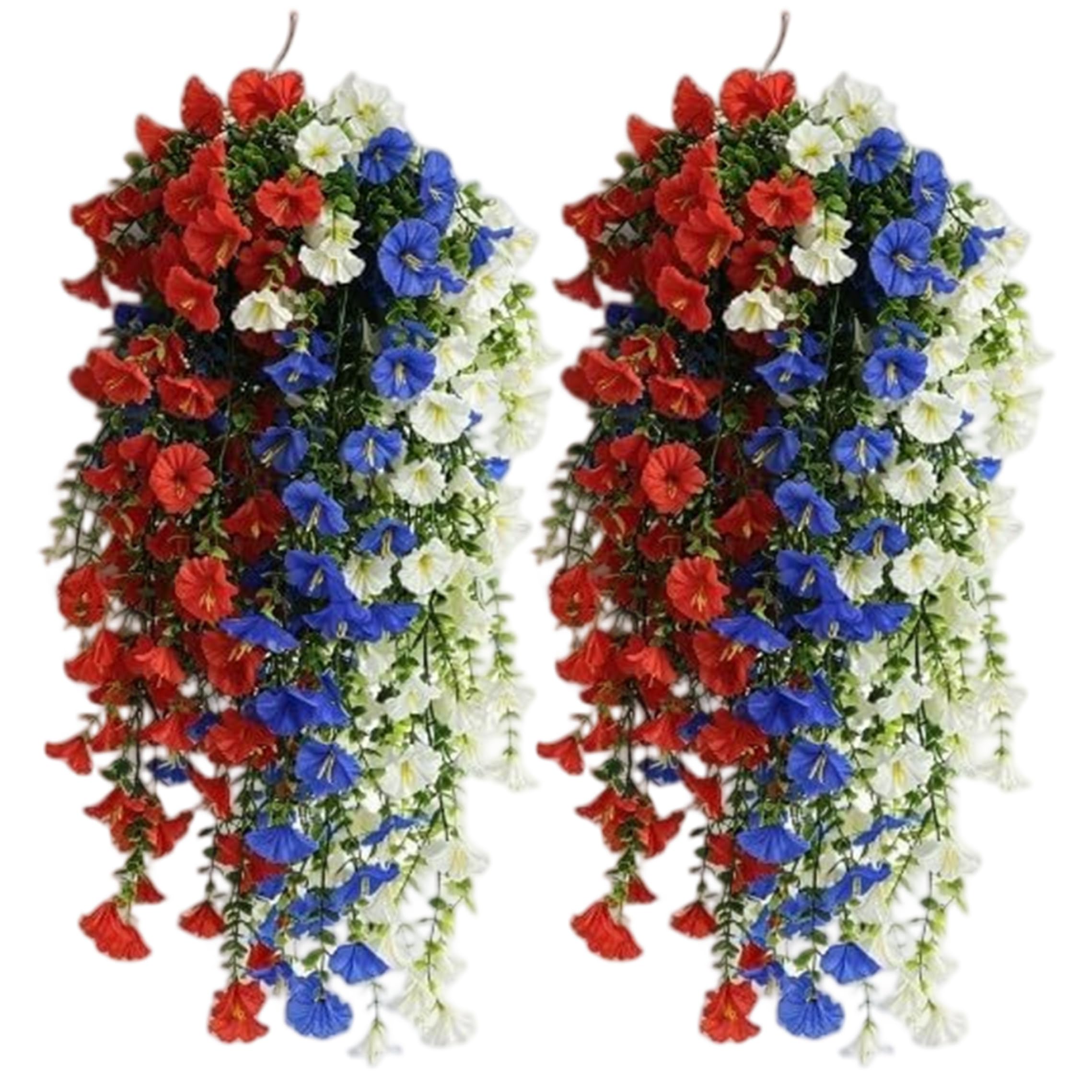 Fleurs artificielles de faux pétunias réalistes suspendus rouge blanc bleu pour maison
