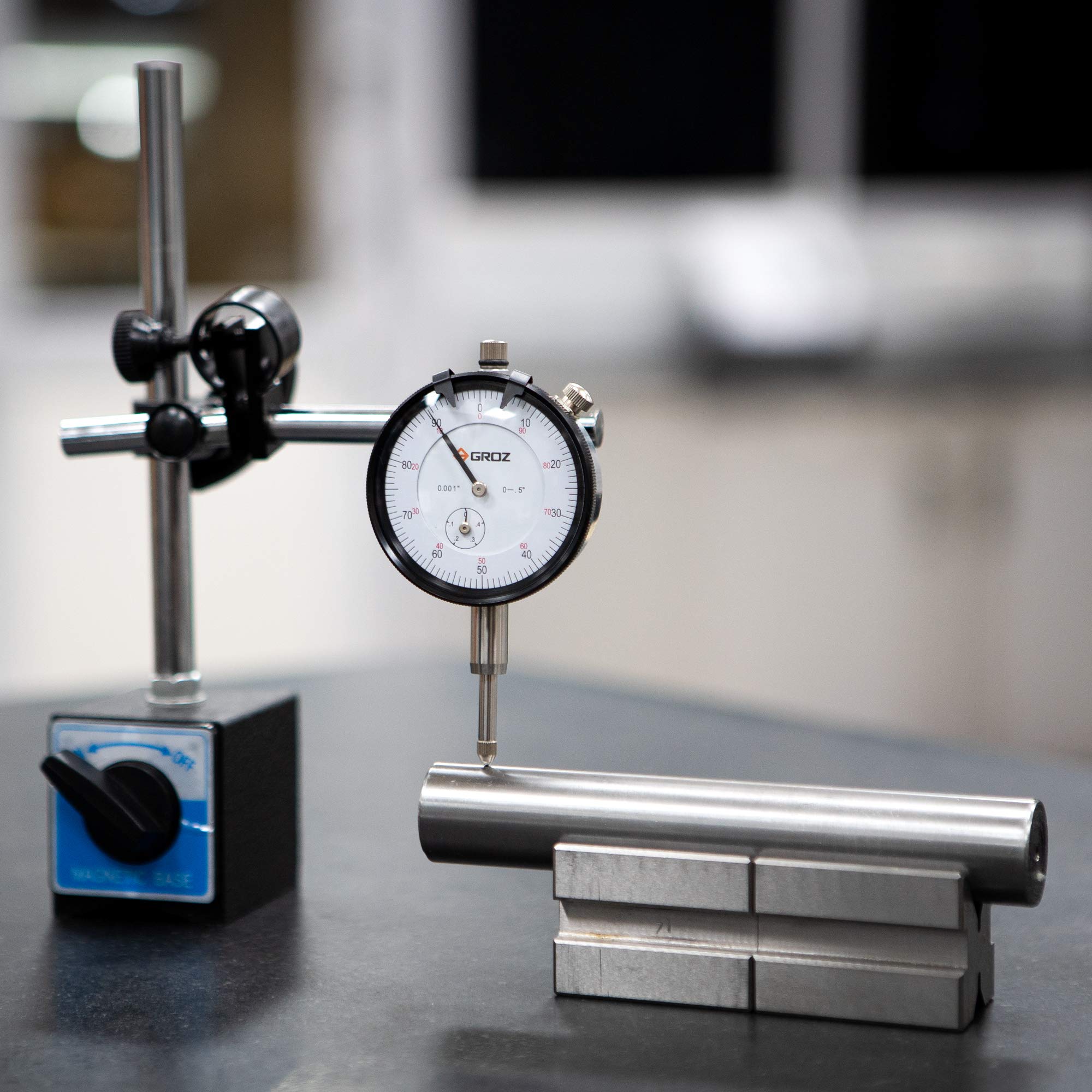 Groz Analog Dial Indicator with Lug-on Center Back | Range: 1/2 inch | Stem Diameter: 3/8 in | DLG/1-2 3