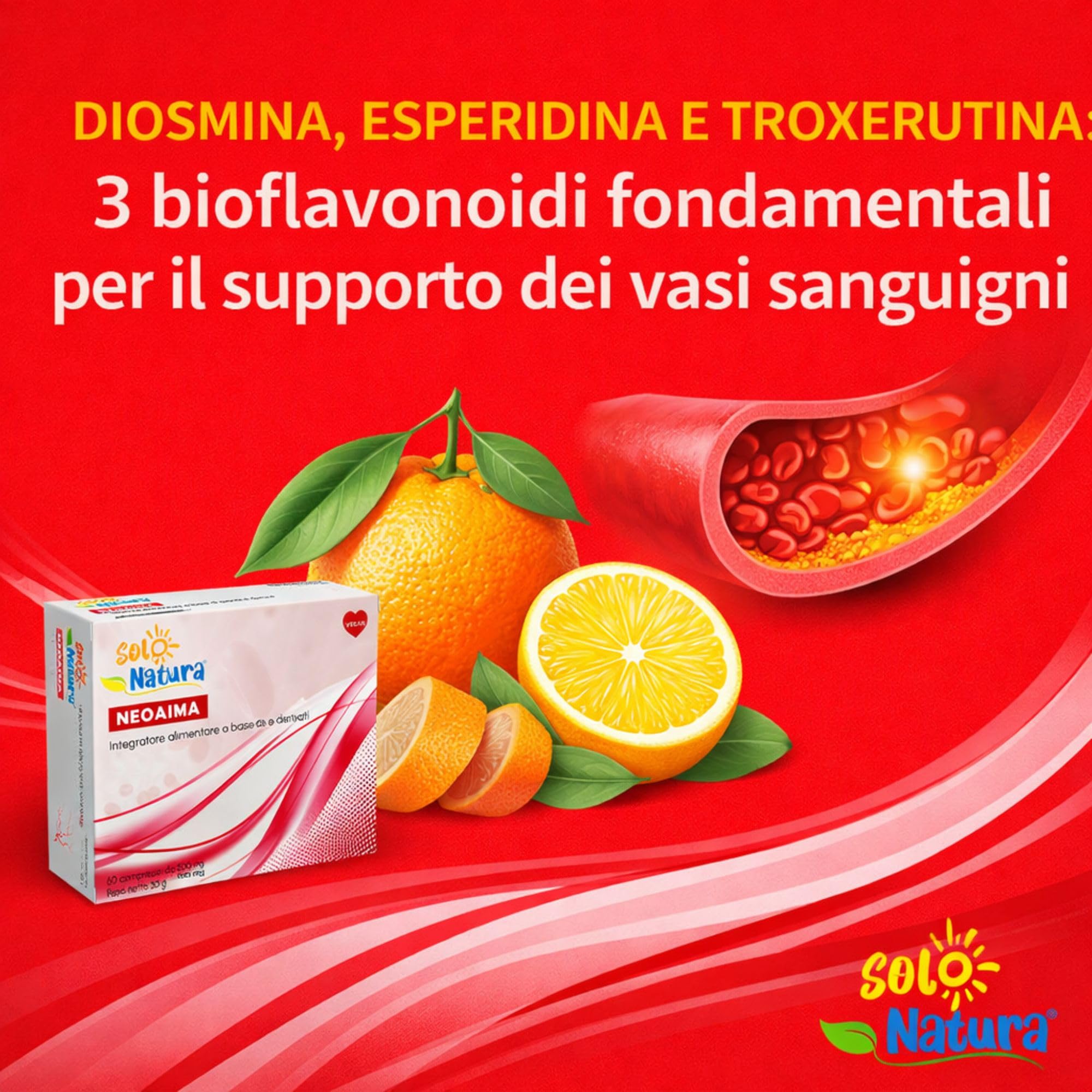 Solo Natura NEOAIMA – Integratore per Circolazione Gambe con MIrtillo Nero, Diosmina, Esperidina e Troxerutina, Supporto Microcircolo e Drenante contro Gambe Gonfie e Pesanti, 60 Compresse da 500 mg
