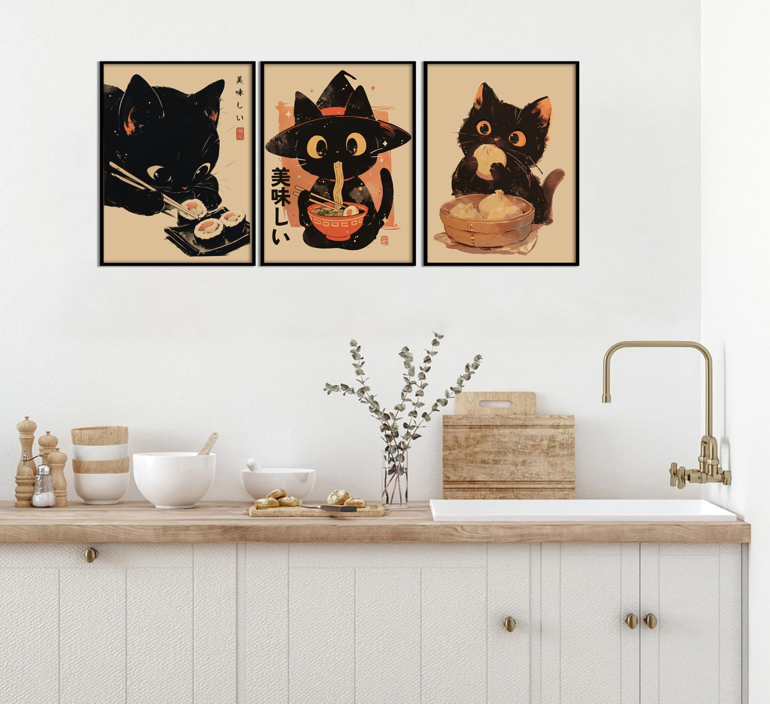 Amazon.co.jp: 3ピース 日本のラーメン 黒猫 キャンバスウォールアート