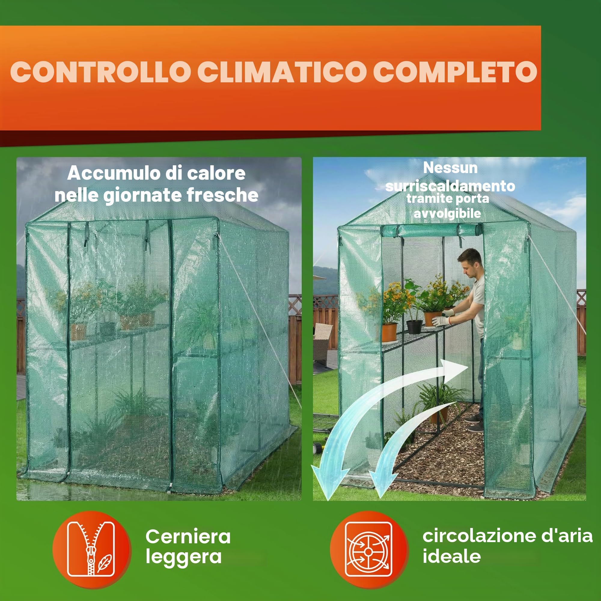 Gardebruk Serra da Giardino 2,23 m² 4 Ripiani Porta Arrotolabile 190x186x120cm Serre Piante Verdure