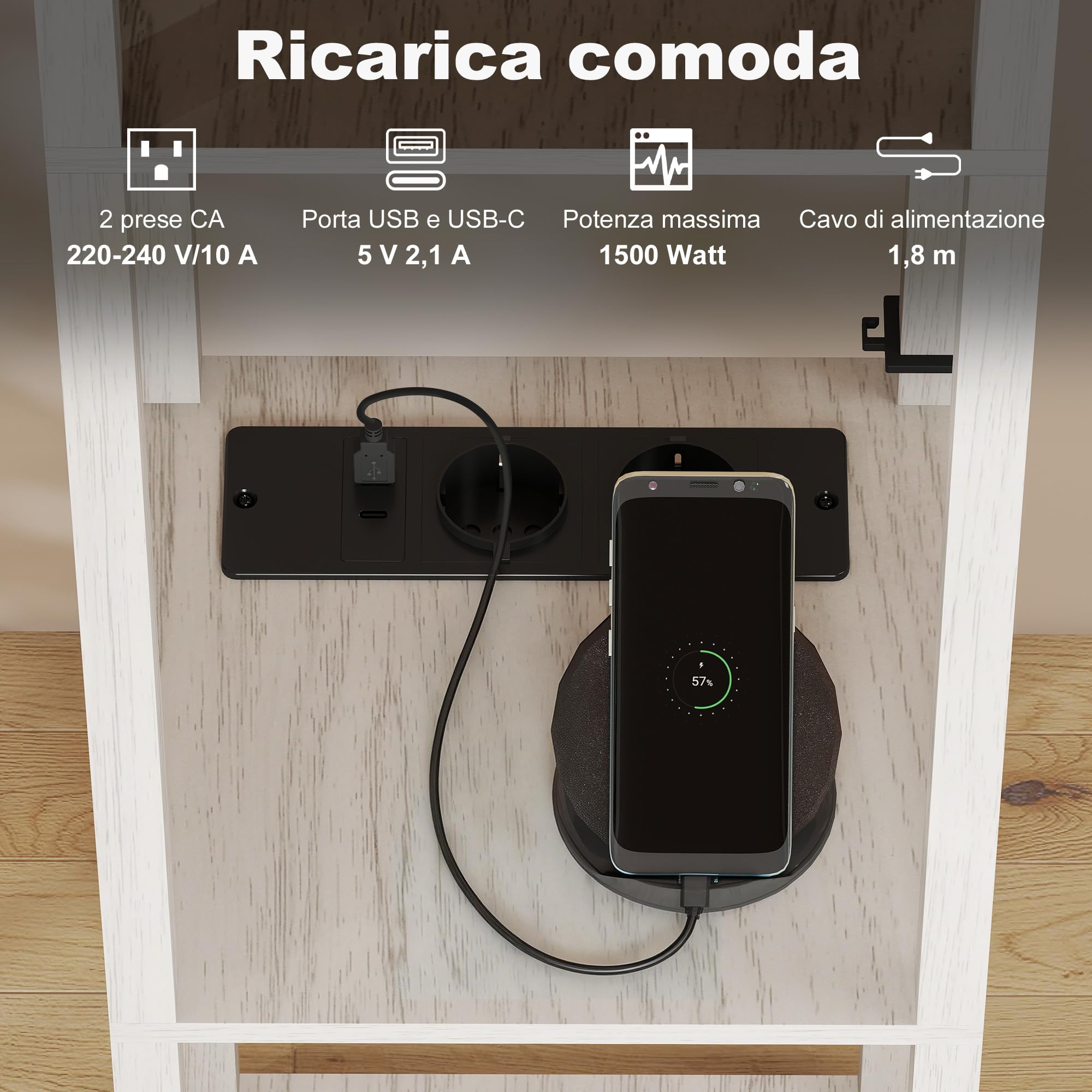 HOMCOM Lampada da Terra LED con Ripiani, Lampada Moderna con Interruttore a Pedale e Porte USB, Temperatura della Luce Regolabile per Soggiorno e Camera da Letto, Bianco e Rovere