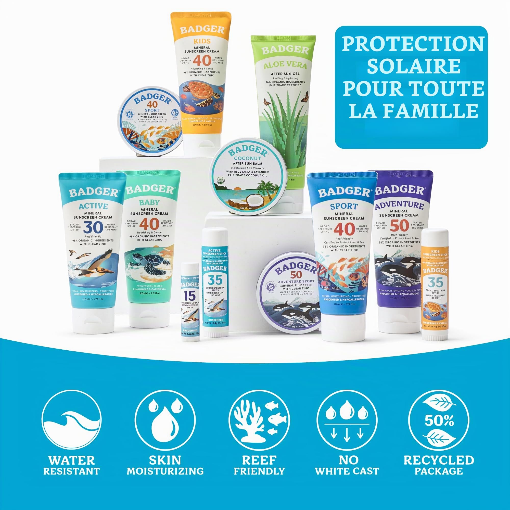Badger Crème Solaire Minérale Active SPF 30, Large Spectre, 87 ml