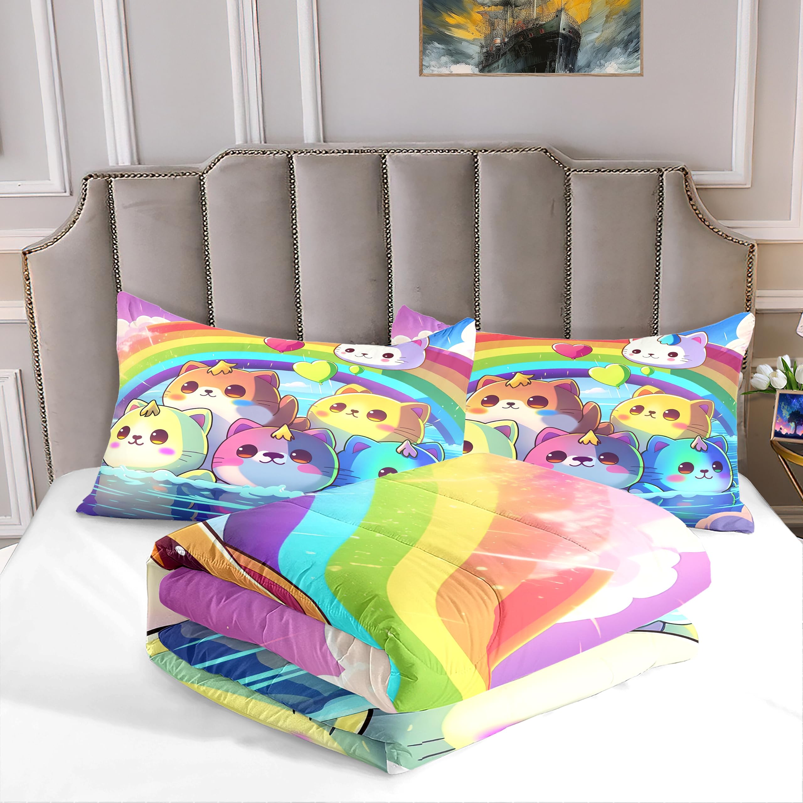 Bettwäsche-Set Mit Exotischer Katzen-Motiv – 1 Bettdecke & 2 Kissenbezüge, Regenbogenfarben, Aus Weicher Mikrofaser Für Kinder & Erwachsene