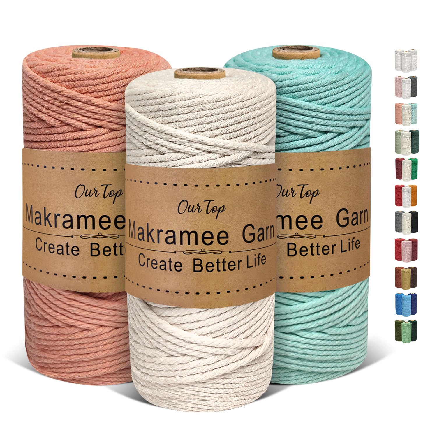 OurTop Premium Makramee Garn 3er Set, 3mm x 100m Macrame Cord Makramee Schnur Makramee Kordel, Garn für DIY Handwerk, Weben Dekoration, Hängepflanze Pflanze Aufhänger(Natur, Wasserblau, Dunkelrosa)