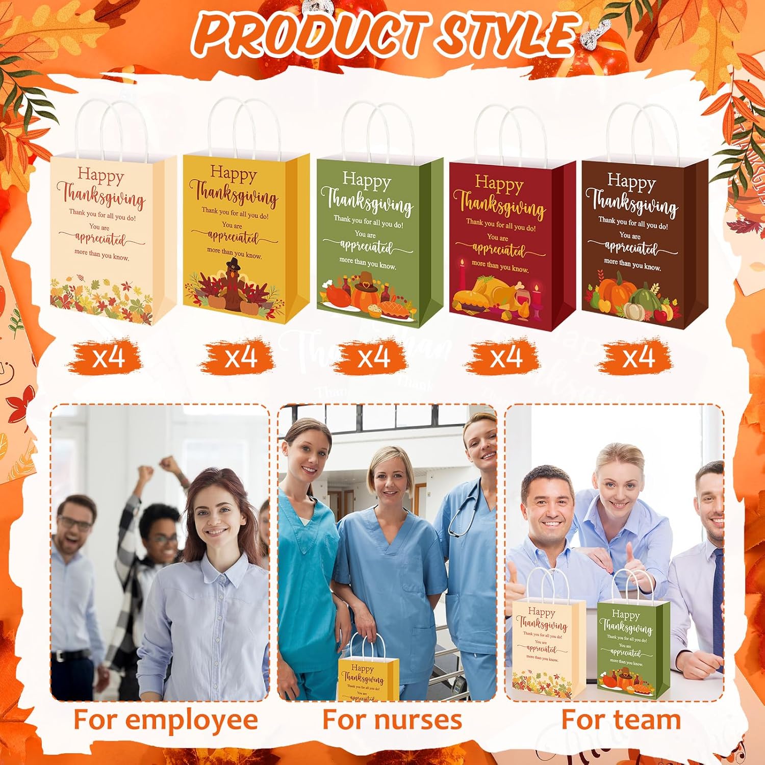 AmazingSpark 20 Pcs Thanksgiving Appreciation Gift Bags Bulk Thank You Paper Goodie Treat Bags with Handles Fall Party Favor for Employee Coworker Staff Nurse Team Appreciation Gift Wrapping - Image 3