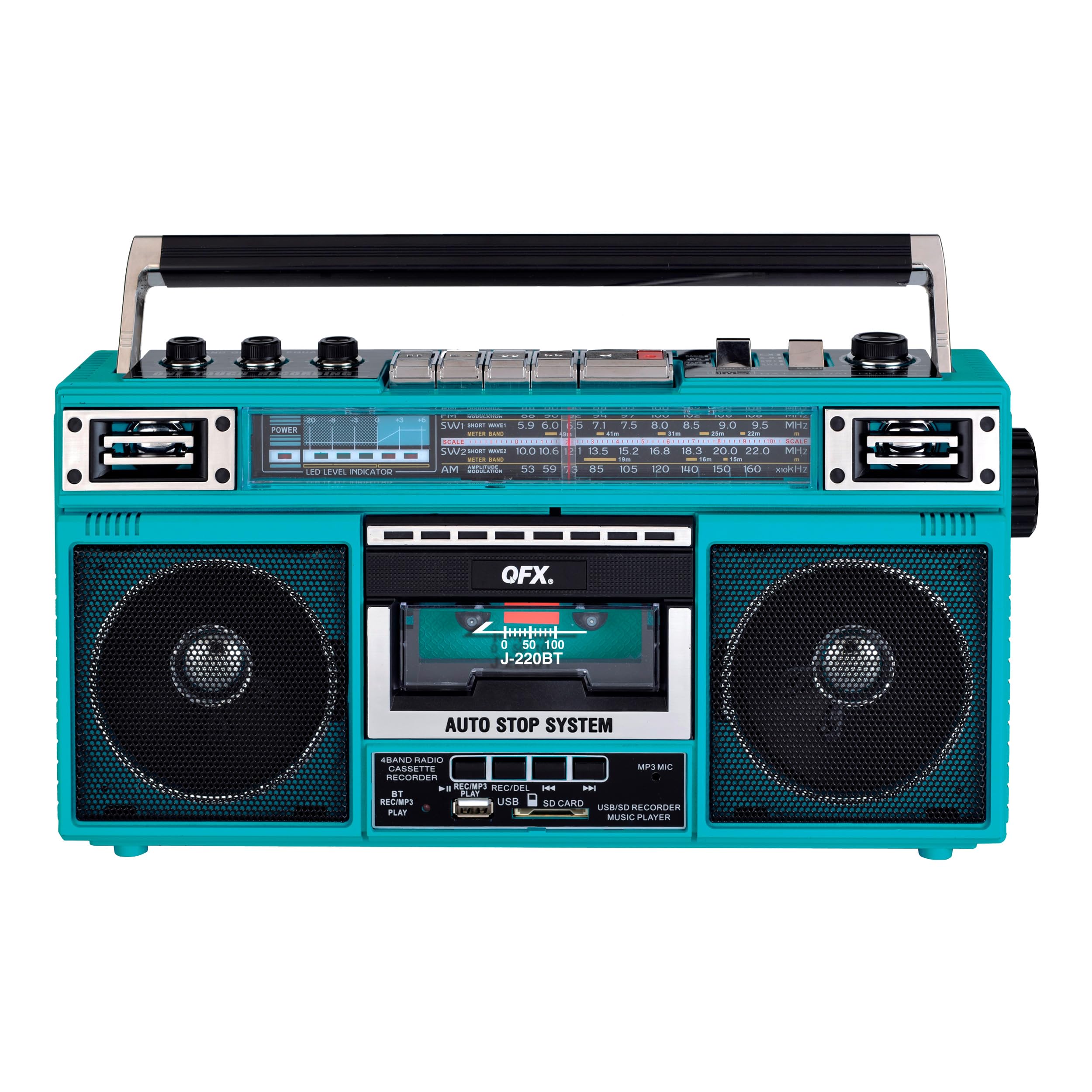 QFX J-220BTTQ Turquoise Boombox MP3 Conversion from Radio to Cassette with 4-Band (AM, FM, SW1, SW2) Radio with Bluetooth, Dual 3” Speakers, Built-in Microphone, Recorder, and a 3-Band Equalizer-image-17