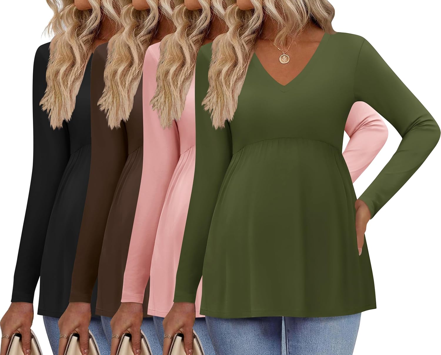 Ekouaer Womens 4 Packs Maternity Shirts Long Sleeve Pregnancy Tops V Neck Tunic Blouses Clothes