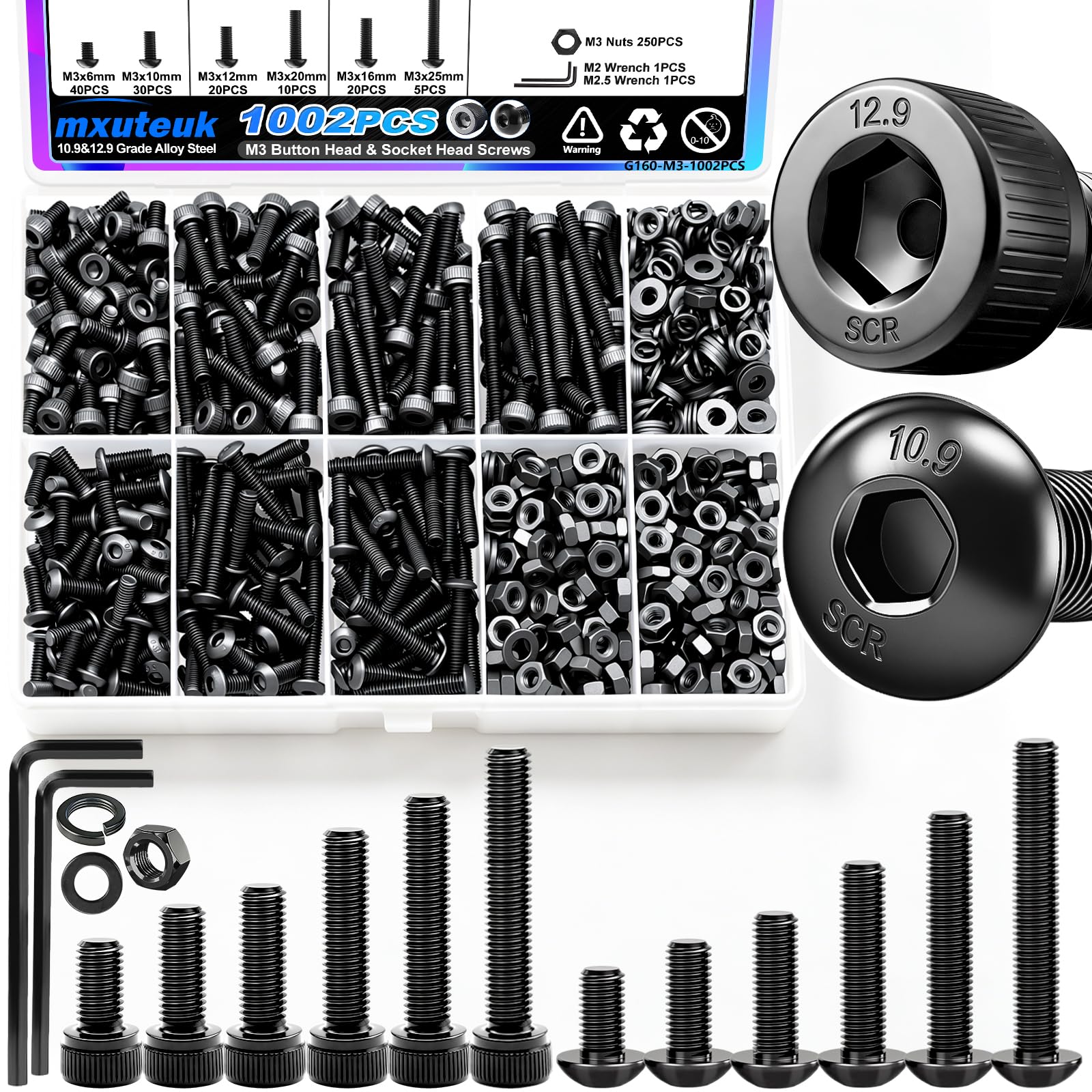 mxuteuk 720PCS M3 Screws Kit,M3×6/8/10/12/16/20mm M3 Screws Assortment Kits,12.9 Alloy Steel M3 Hex Socket Head Bolts Nuts Washers Set Suitable for 3D Printer,DIY — Amazon image 22