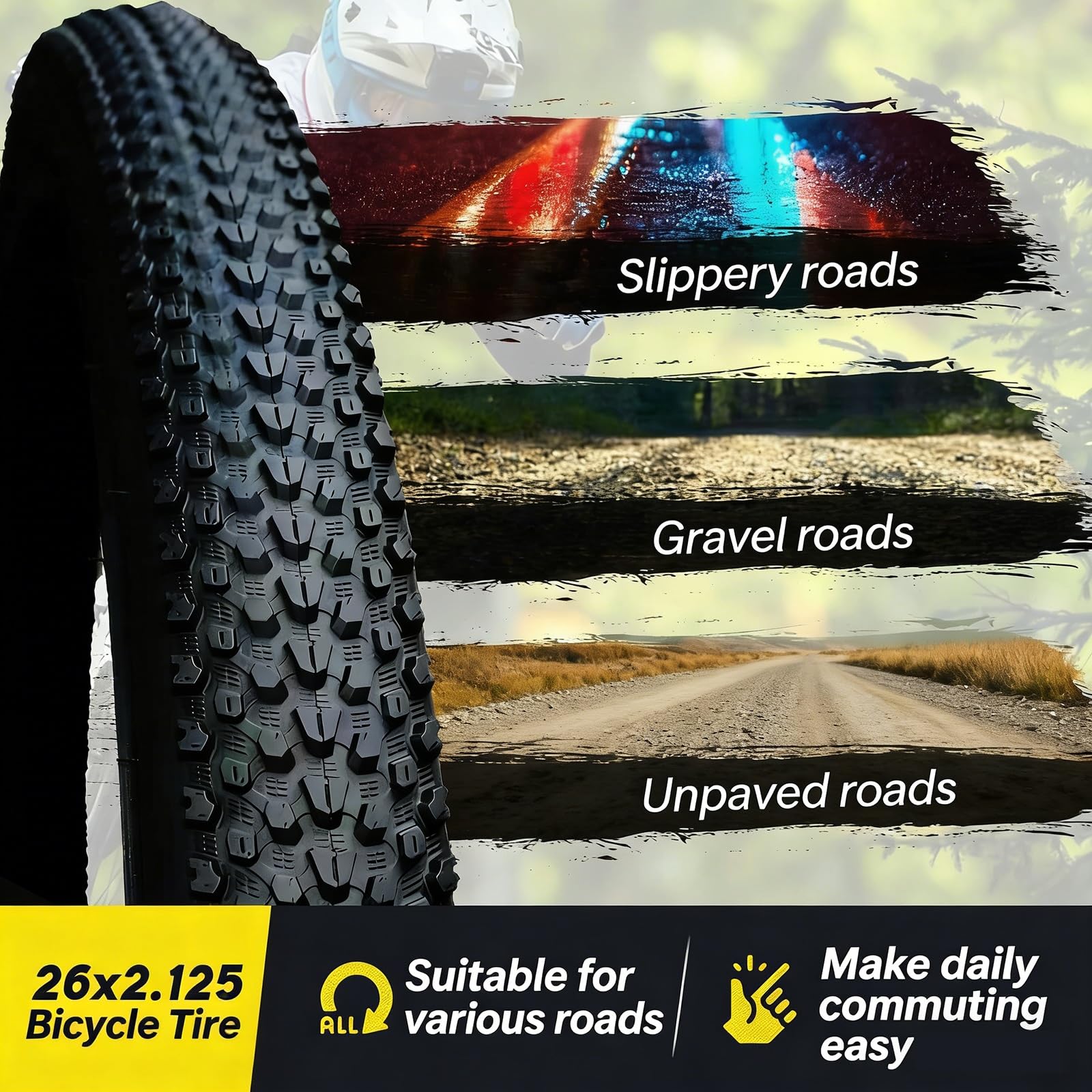 26x2.125 Opona Rowerowa Górskiej Przeciwprzebicia bez Wewn. | Wzmocniona Ścianka, Niska Oporność Toczenia, Wzór All-Terrain dla Miasta i Terenu(1 pc)